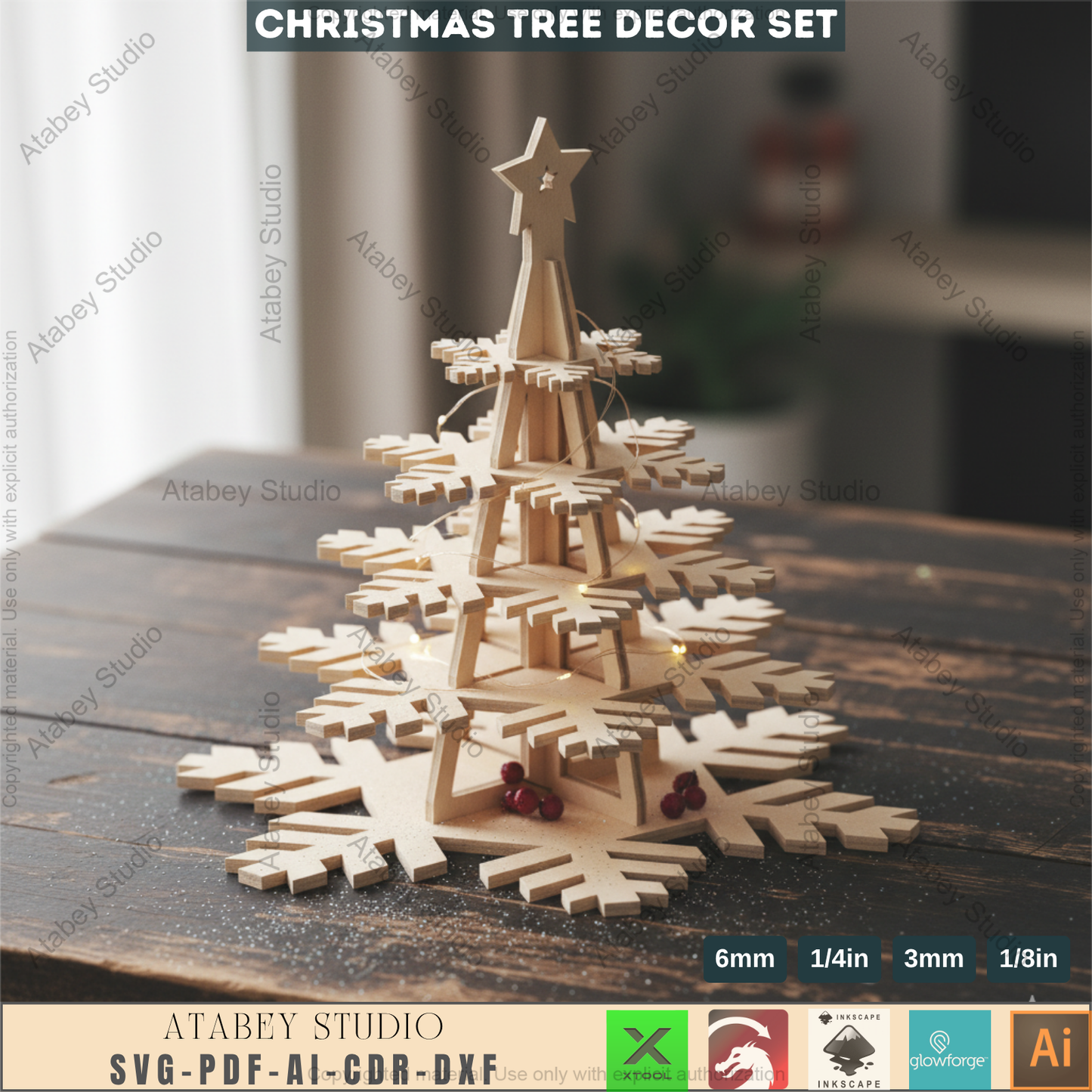 3D Christmas Snowflake Tree Decor Template for Laser Cutting | Standing Holiday Ornament Design for Glowforge, xTool, Lightburn Machines 965