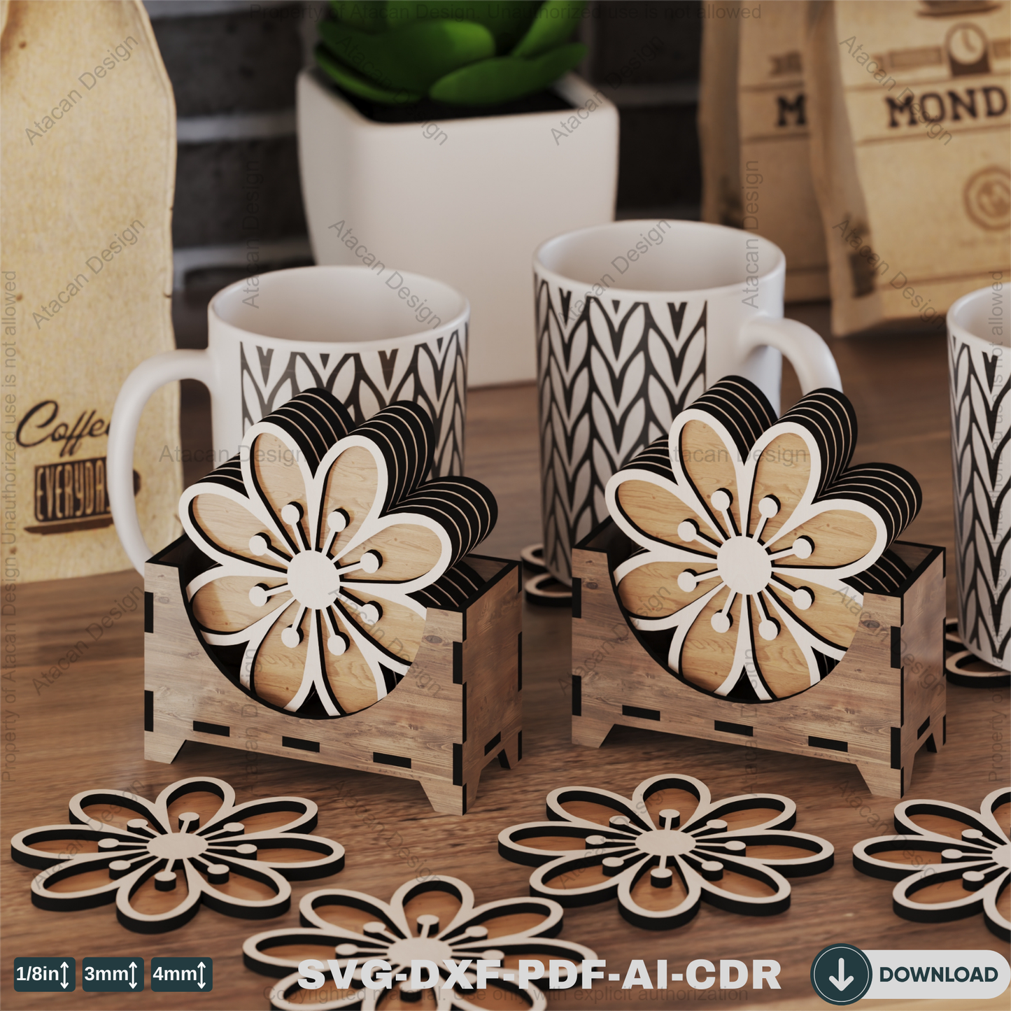 Modern Floral Coasters with Storage Box Ideal for DIY Laser Cutting,Decorative Pattern Coaster with Holder,5 Decorative Pattern Coaster 818