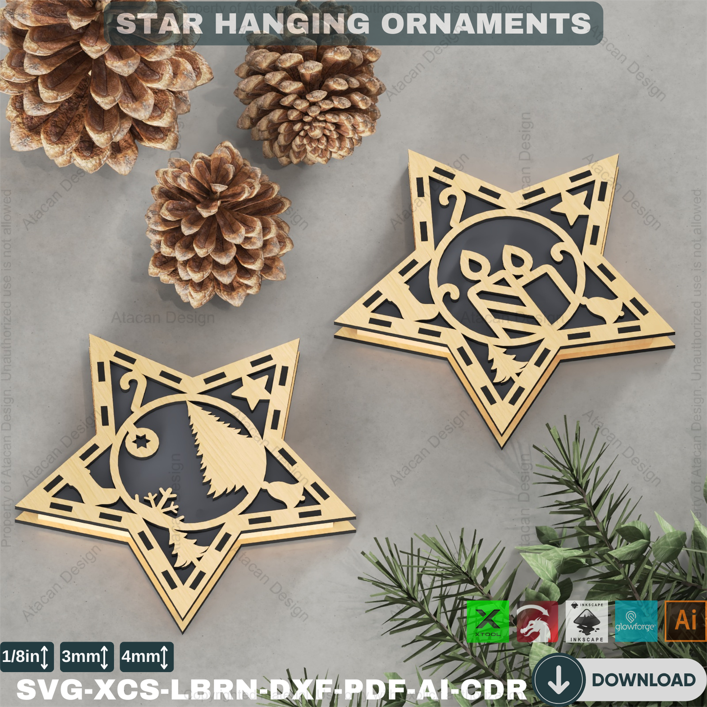 DIY Xmas Tree Stars: Laser Cut Designs for Holiday Decor, Set of 10,Holiday Star Ornament Bundle: Laser Cut Files, Festive Home Decor 876