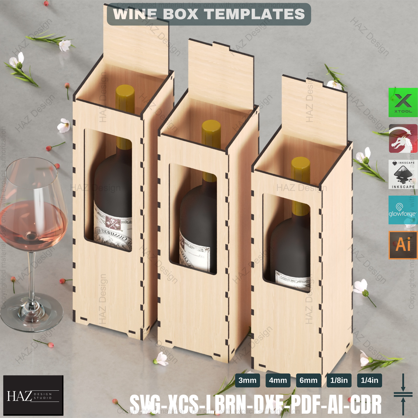 Laser Cut Wine Gift Box - 3 Sizes, 7 Designs - SVG Files,Wine Box Template - Laser Cut - 6 Thicknesses - Wood Gift 422