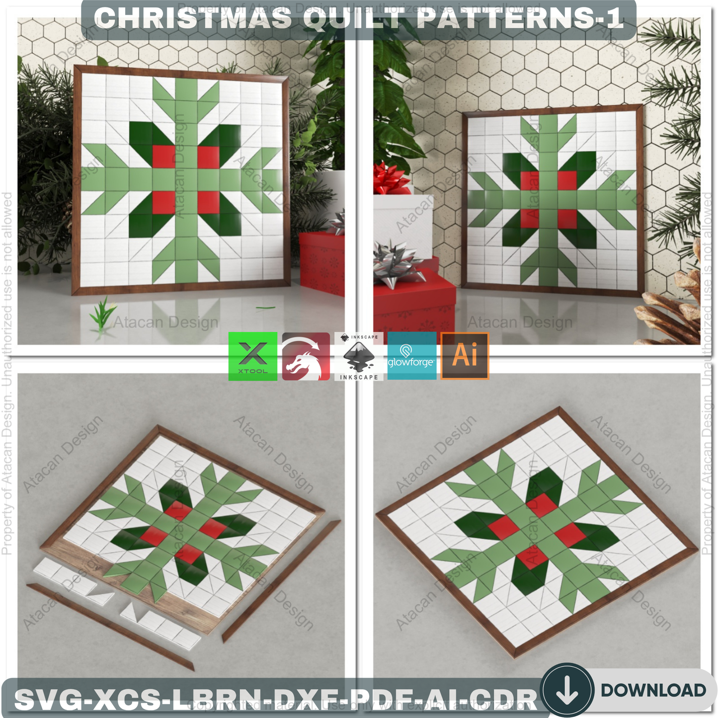 DIY Christmas Wall Art SVG, Festive Barn Quilt Pattern Collection, Laser Cut Files for Farmhouse Holiday Decor & Signs