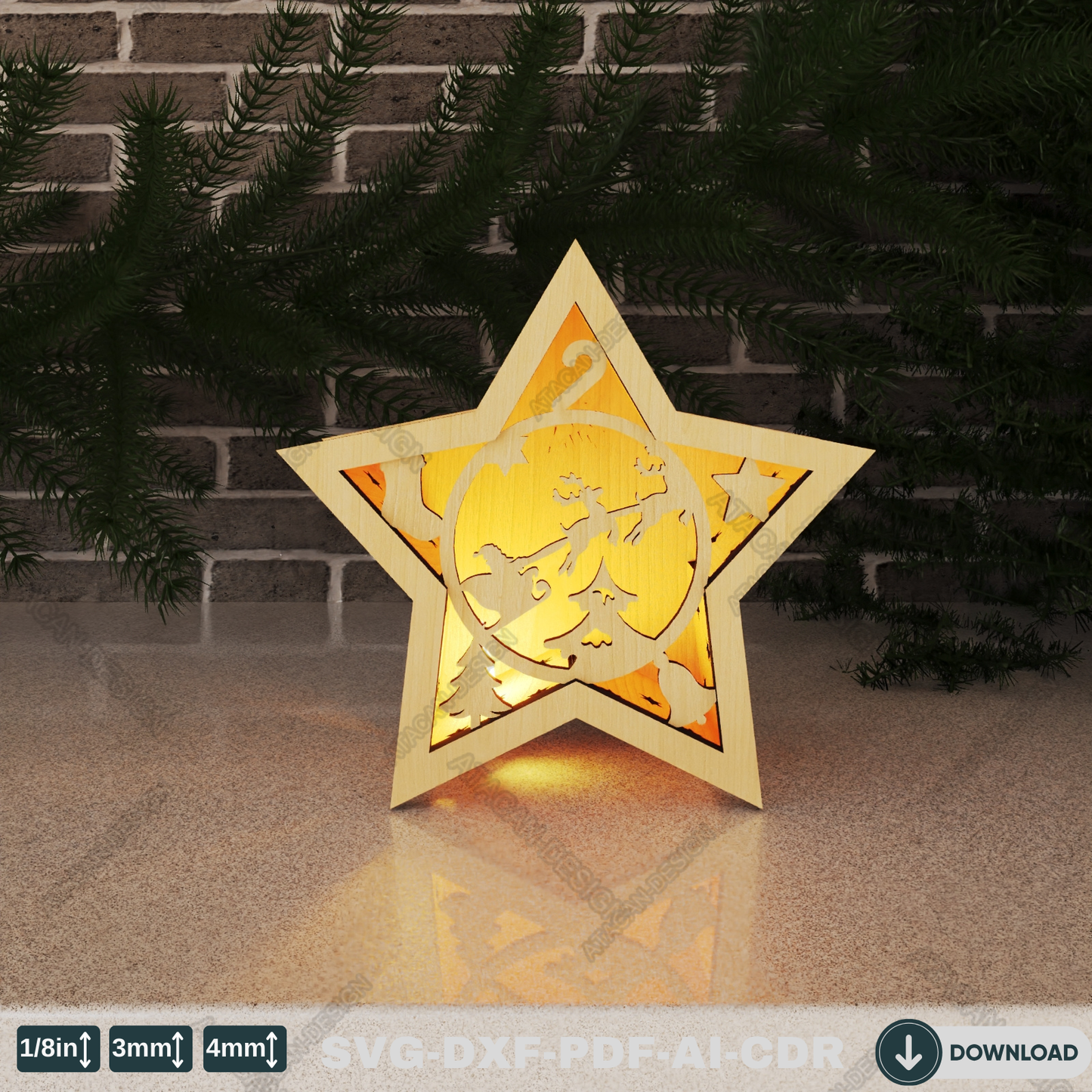 Star-Shaped Christmas Lantern for Laser Cutting - Festive Winter Candle Holder Design with Snowy Scenes 776