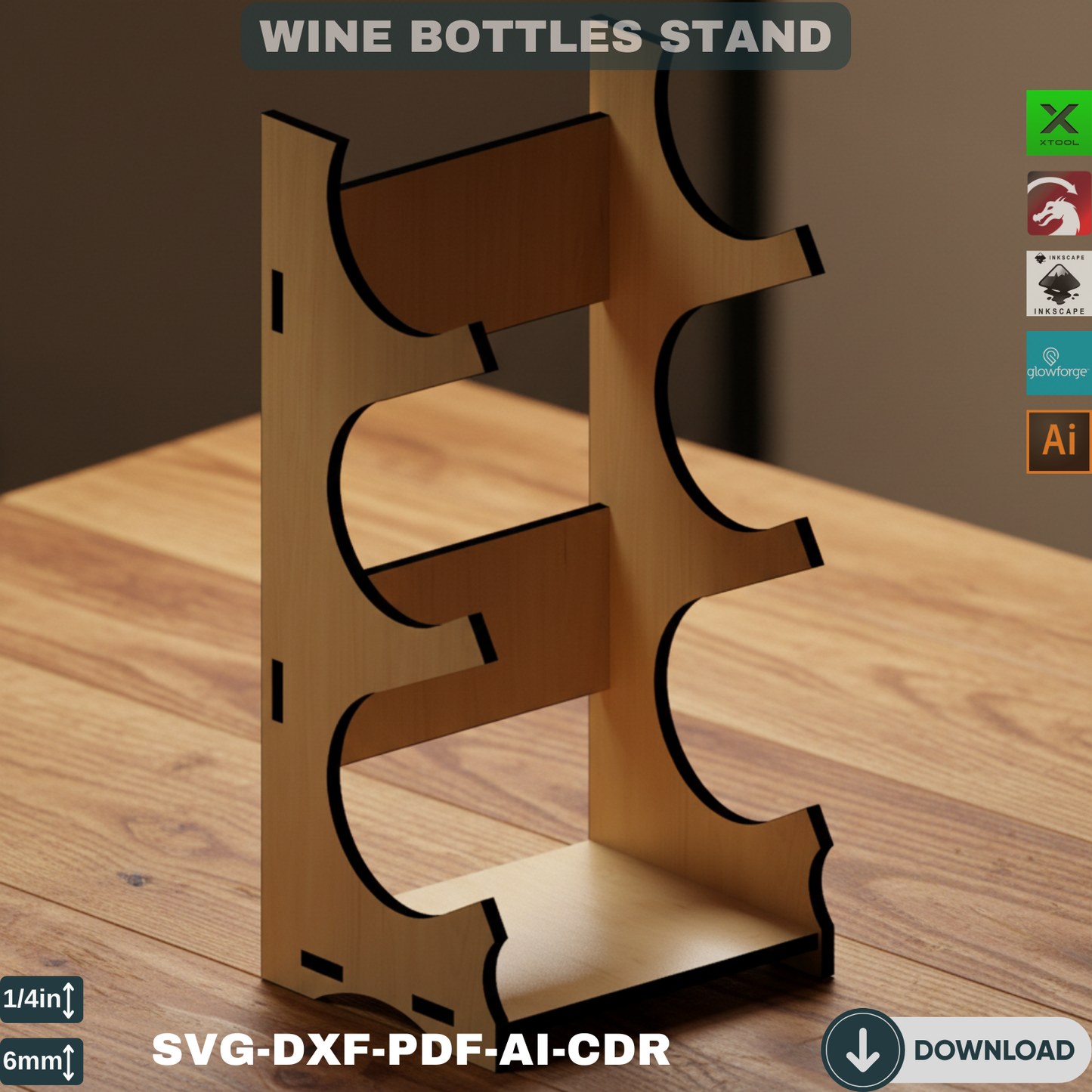 Laser Cut Wine Rack Plans SVG, Wooden Countertop Wine Holder DXF, DIY 3 Bottle Wine Display Stand