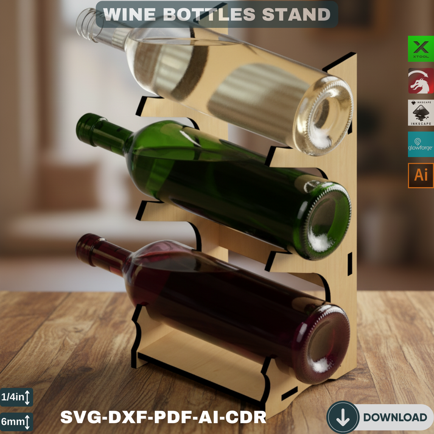 Laser Cut Wine Rack Plans SVG, Wooden Countertop Wine Holder DXF, DIY 3 Bottle Wine Display Stand
