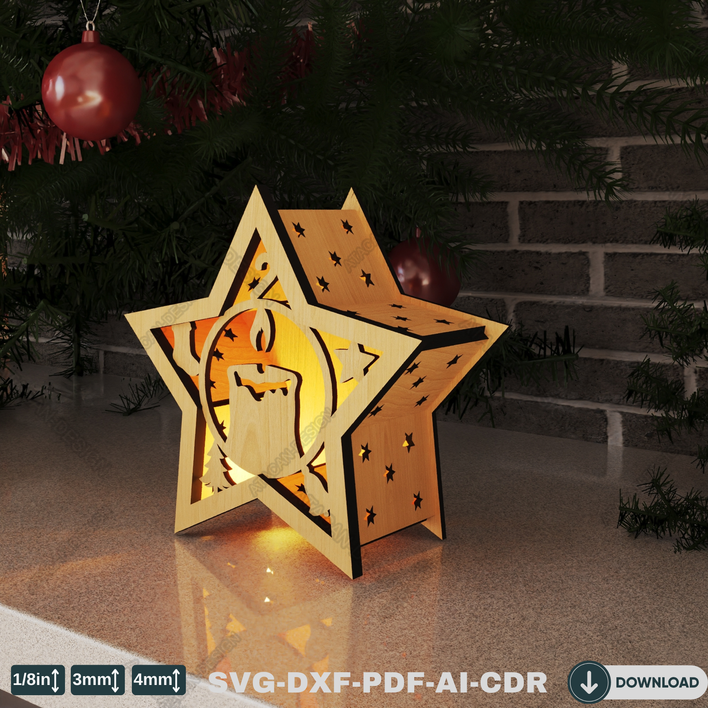 Star-Shaped Christmas Lantern for Laser Cutting - Festive Winter Candle Holder Design with Snowy Scenes 776