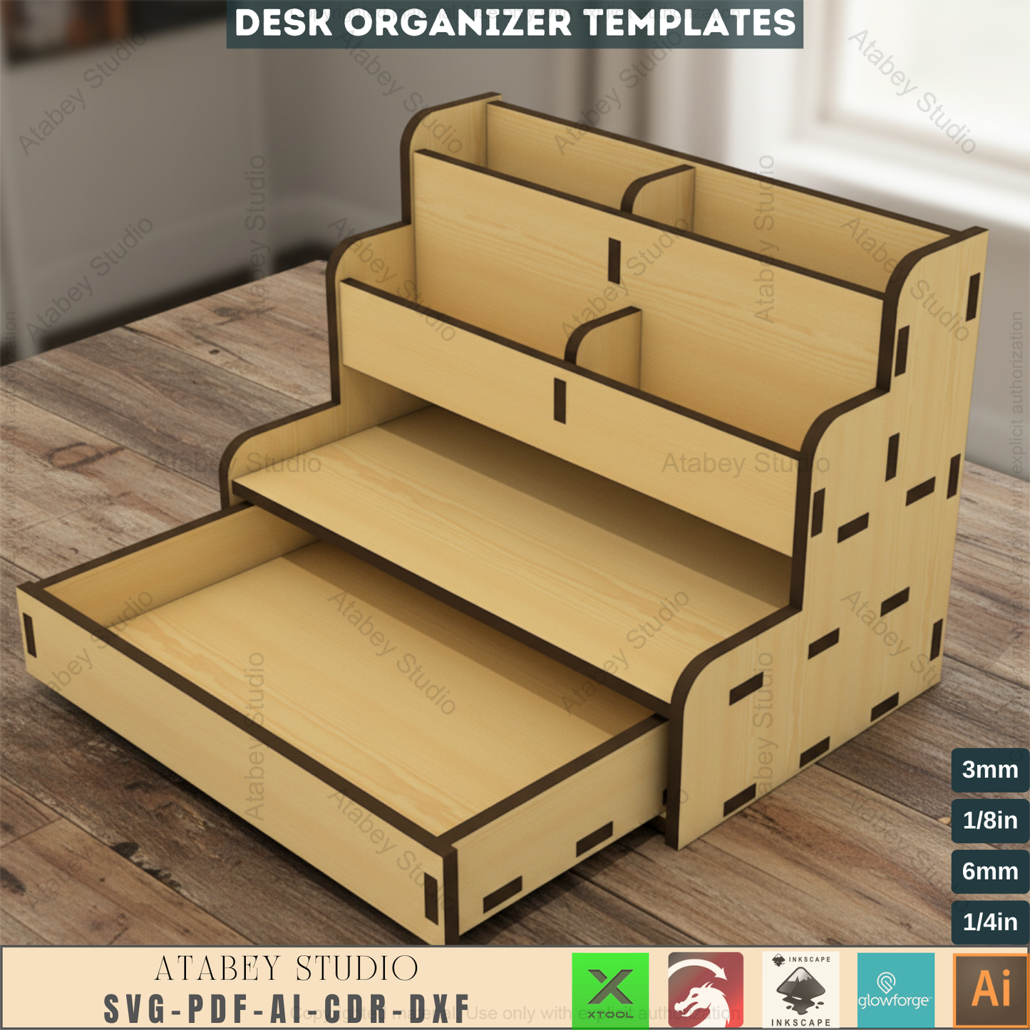 Laser Cut Desk Organizer with Drawer, Tiered Display Stand for Craft Fairs, Office Pen Holder for Glowforge & Xtool 778