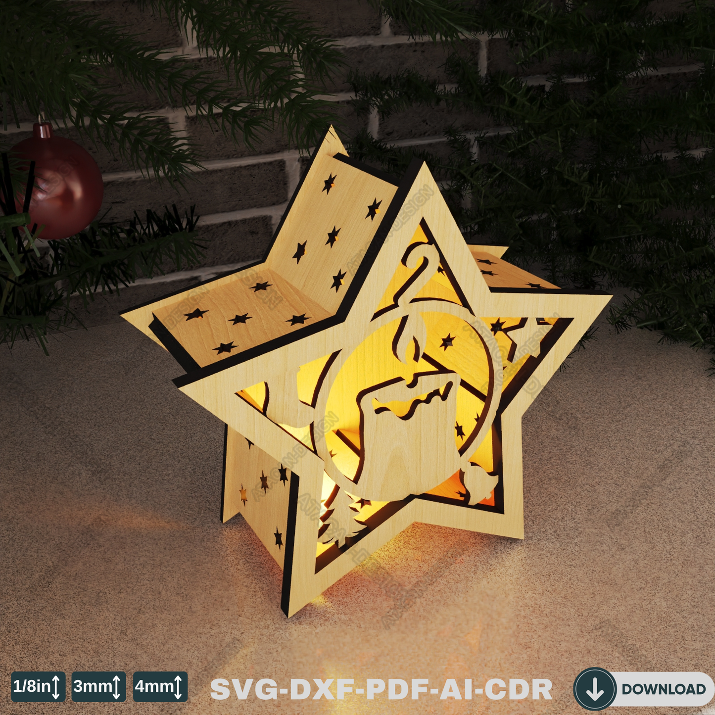 Star-Shaped Christmas Lantern for Laser Cutting - Festive Winter Candle Holder Design with Snowy Scenes 776