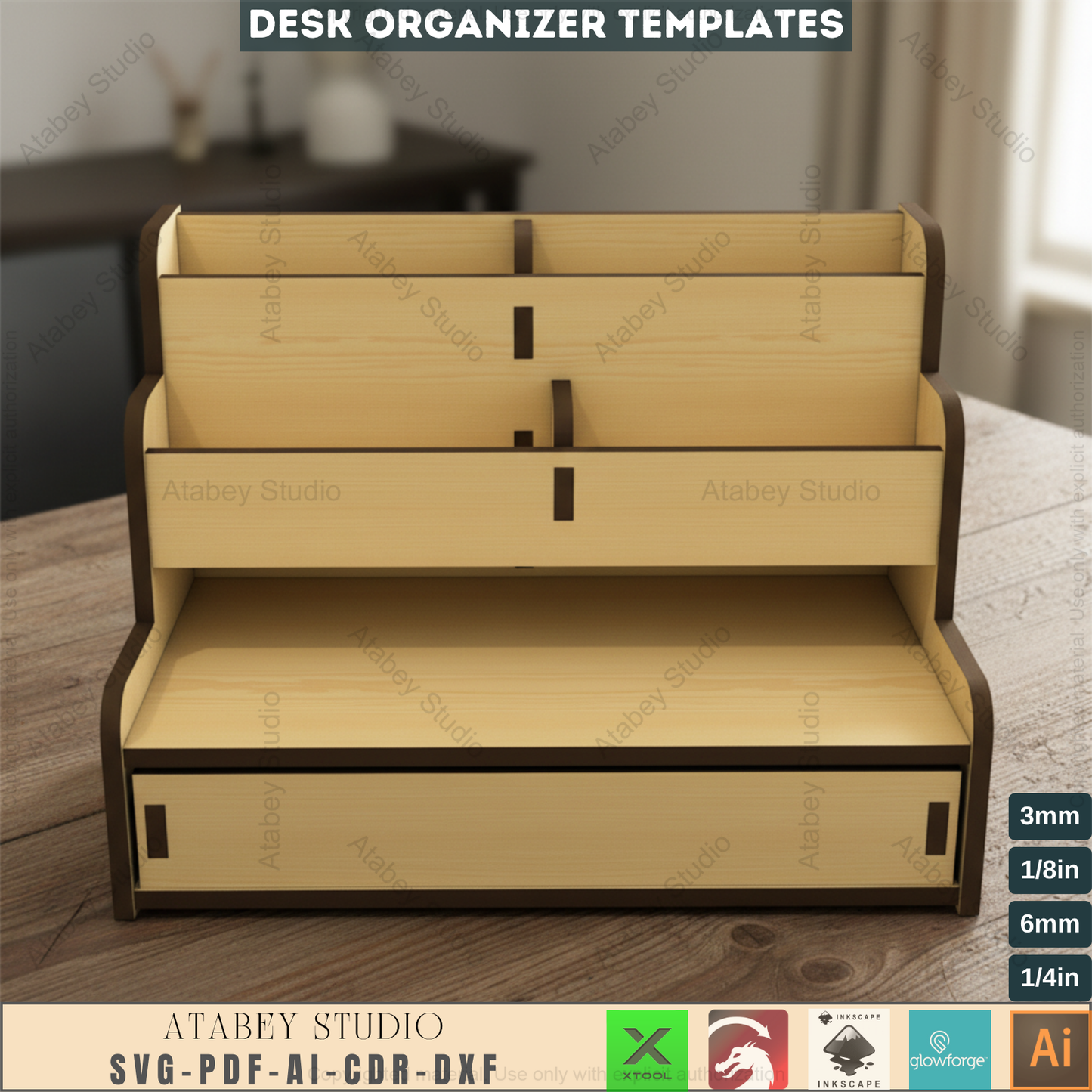 Laser Cut Desk Organizer with Drawer, Tiered Display Stand for Craft Fairs, Office Pen Holder for Glowforge & Xtool 778