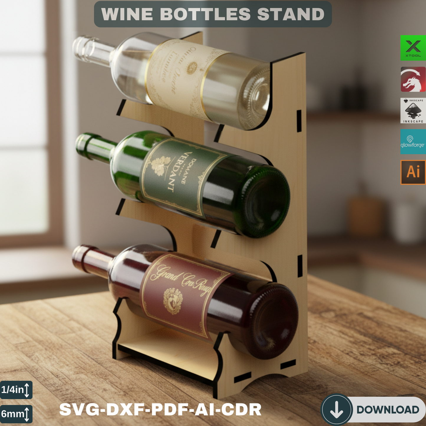 Laser Cut Wine Rack Plans SVG, Wooden Countertop Wine Holder DXF, DIY 3 Bottle Wine Display Stand