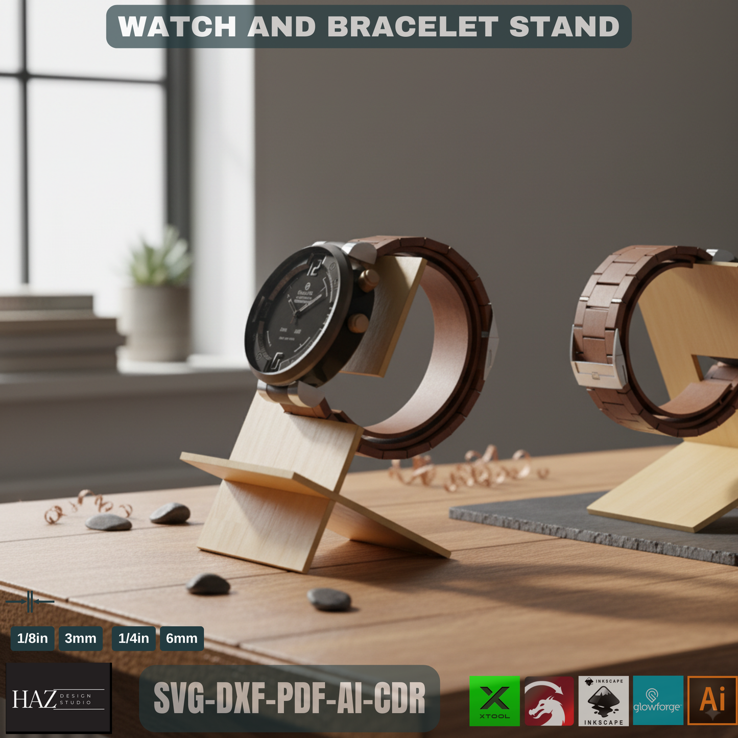 Laser Cut Watch & Bracelet Stand SVG | Digital File for Glowforge Xtool | DIY Wood Watch Holder Display 009