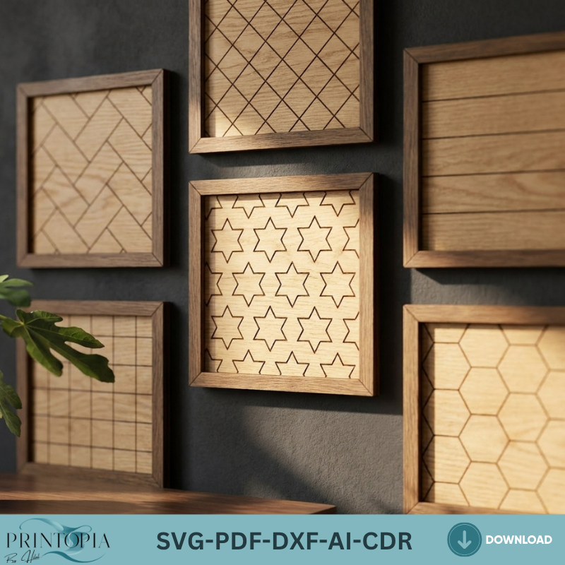 Geometric Pattern Wooden Laser Cut Wall Art Set Modern Home Decor Frame Templates