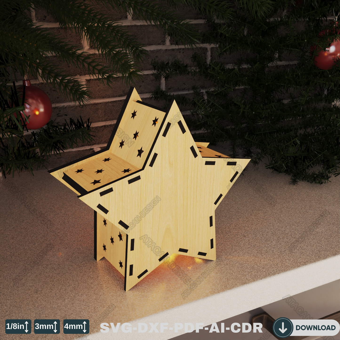 Star Laser Cut Christmas Lantern - Snowy Scene Candle Holder, Winter Wonderland Night Light 773