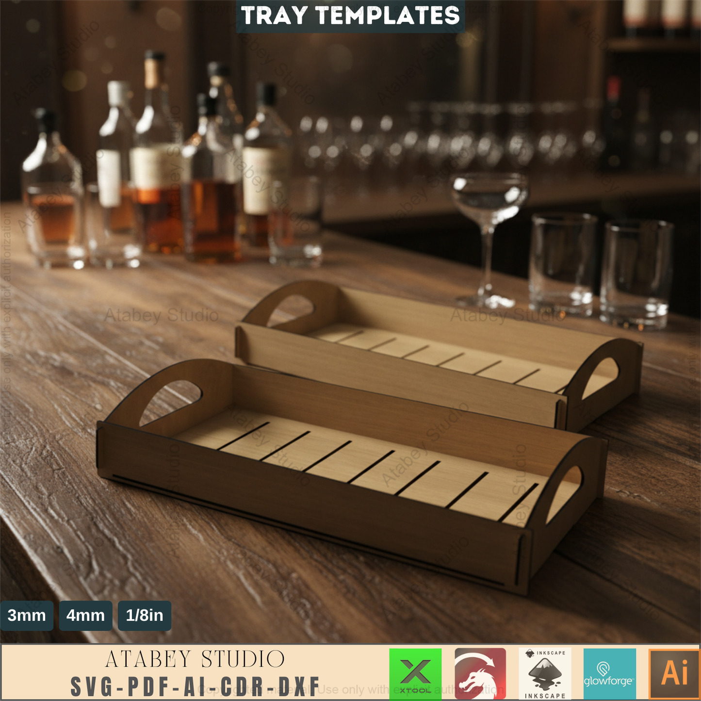 Kitchen Wood Trays / Flat Breakfast Tray With Handles / Serving Trays Laser Cut Files SVG, DXF, CDR Download 547
