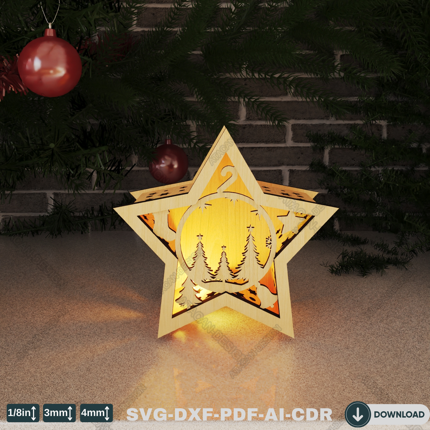 Star Laser Cut Christmas Lantern - Snowy Scene Candle Holder, Winter Wonderland Night Light 773