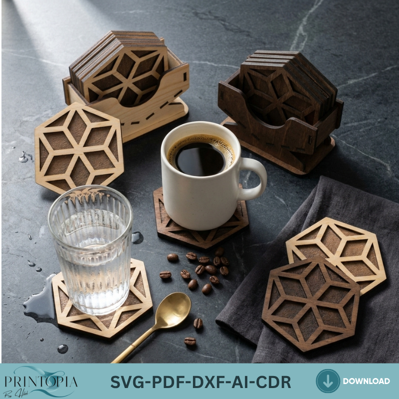 Hexagon Coaster and Box Design - Stylish Laser Cut Project for Home Decor 190