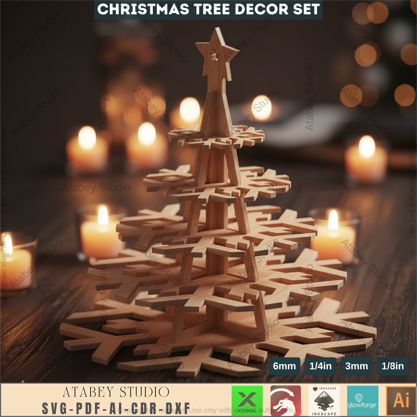 3D Christmas Snowflake Tree Decor Template for Laser Cutting | Standing Holiday Ornament Design for Glowforge, xTool, Lightburn Machines 965