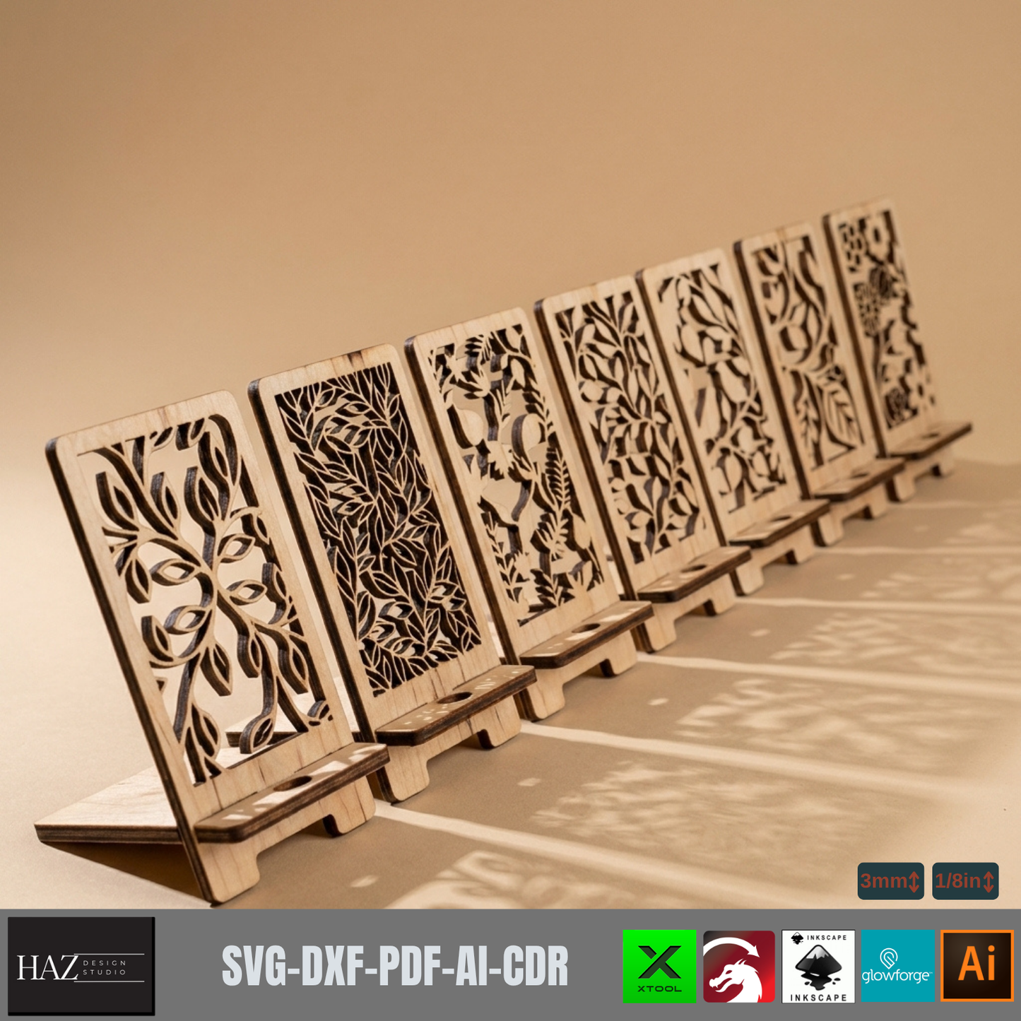 Laser Cut Floral Wooden Phone Stand Template Digital Pattern Mobile Holder Desk Accessory