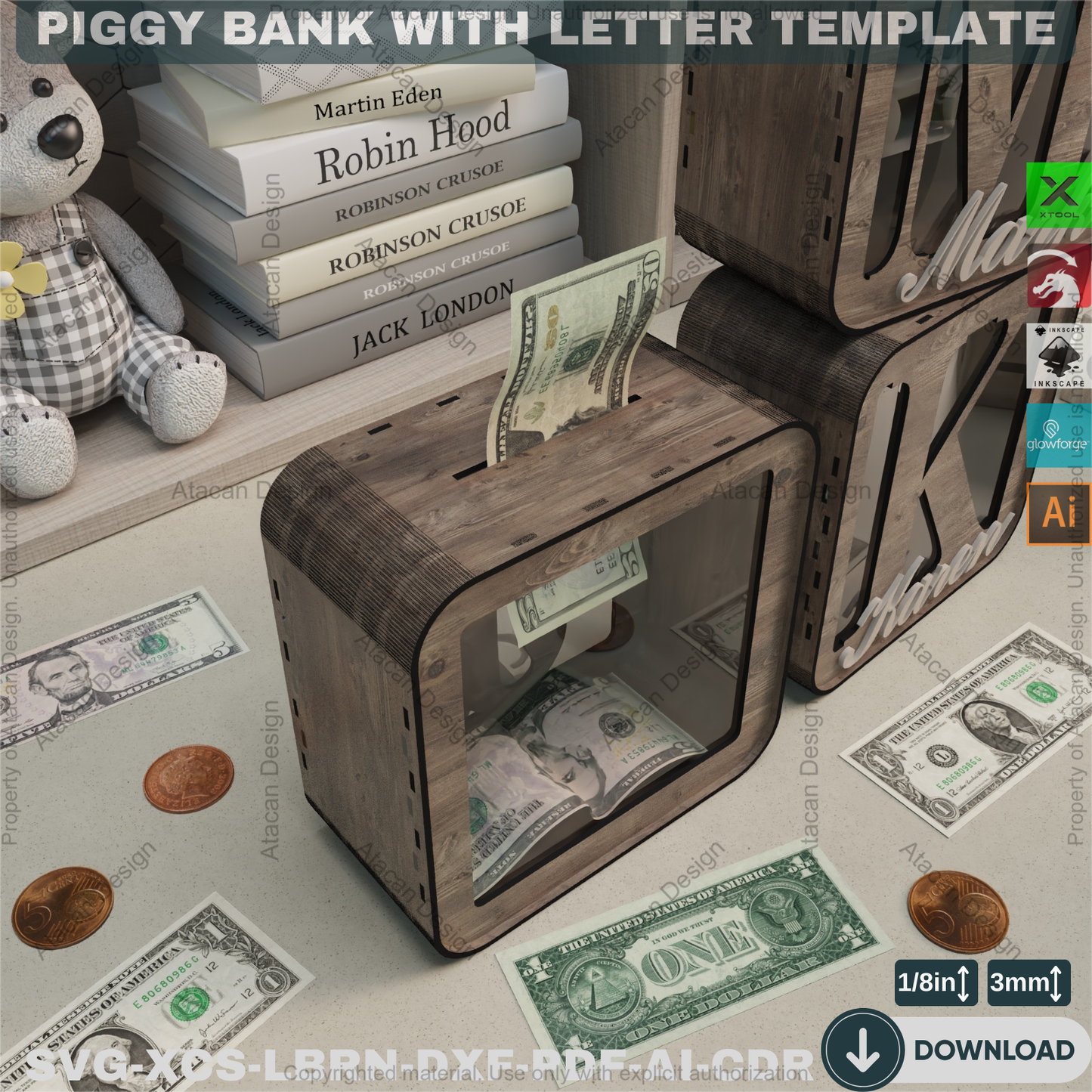 Rustic Letter Piggy Bank - Laser Cut Template - Wooden Coin Bank - Baby Shower - Custom Decor 875