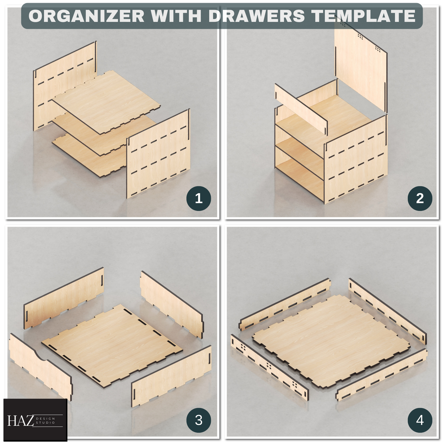 Laser Cut Organizer Box Plan with Drawers. Wooden Jewelry or Desk Storage Design 444