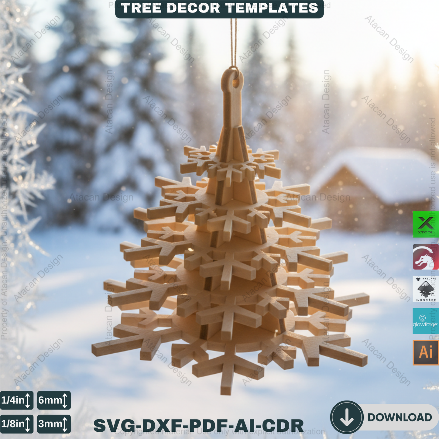 3D Christmas Tree Laser Cut File, Rustic Snowflake Holiday Decor, DIY Winter Tabletop Centerpiece for Glowforge & xTool 908