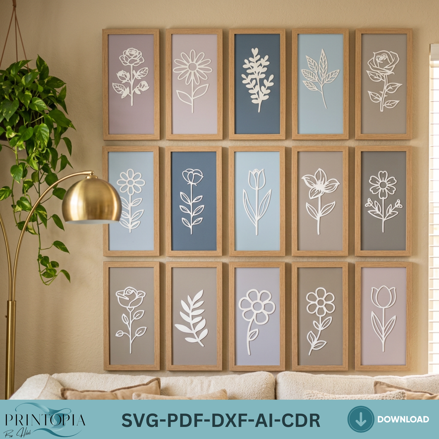 Floral Framed Wall Art Botanical Wood Sign Rose Tulip Leaf Plywood Gallery Wall Decor