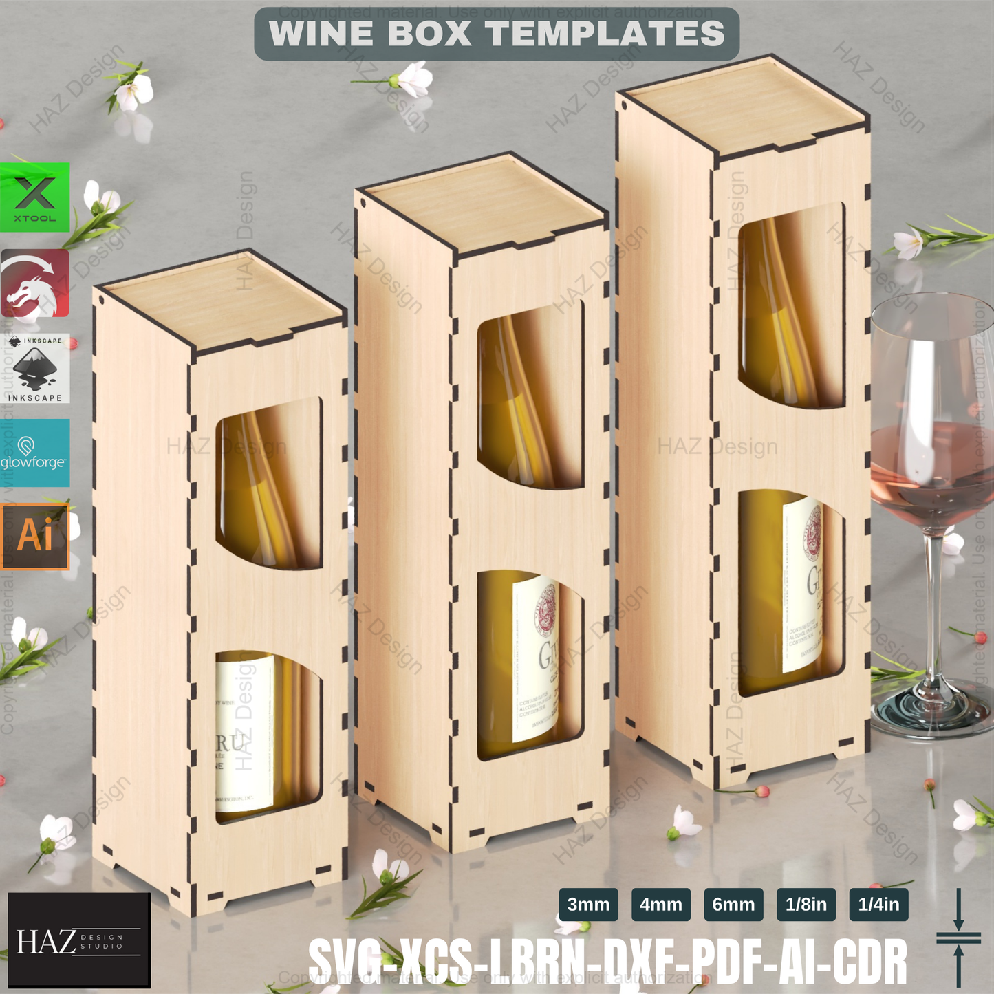 Laser Cut Wine Gift Box - 3 Sizes, 7 Designs - SVG Files,Wine Box Template - Laser Cut - 6 Thicknesses - Wood Gift 422