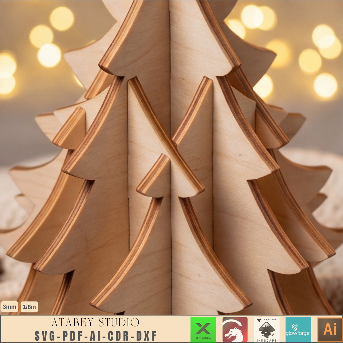 Plywood Christmas Tree Laser Cut File 3D Stand-Up Holiday Wood Decor DIY 1027