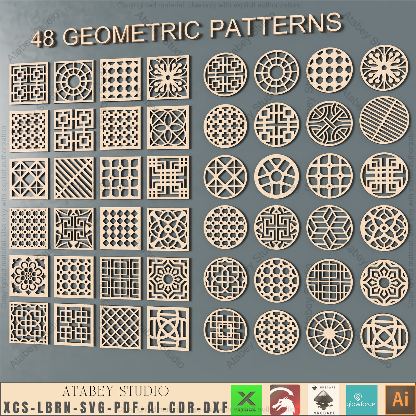 Laser Cut Design Pack: 48 Geometric Patterns | Decor, Coasters & Panel Files,Decorative Vector Art Bundle | 48 Square & Circle Laser Cut Templates 940