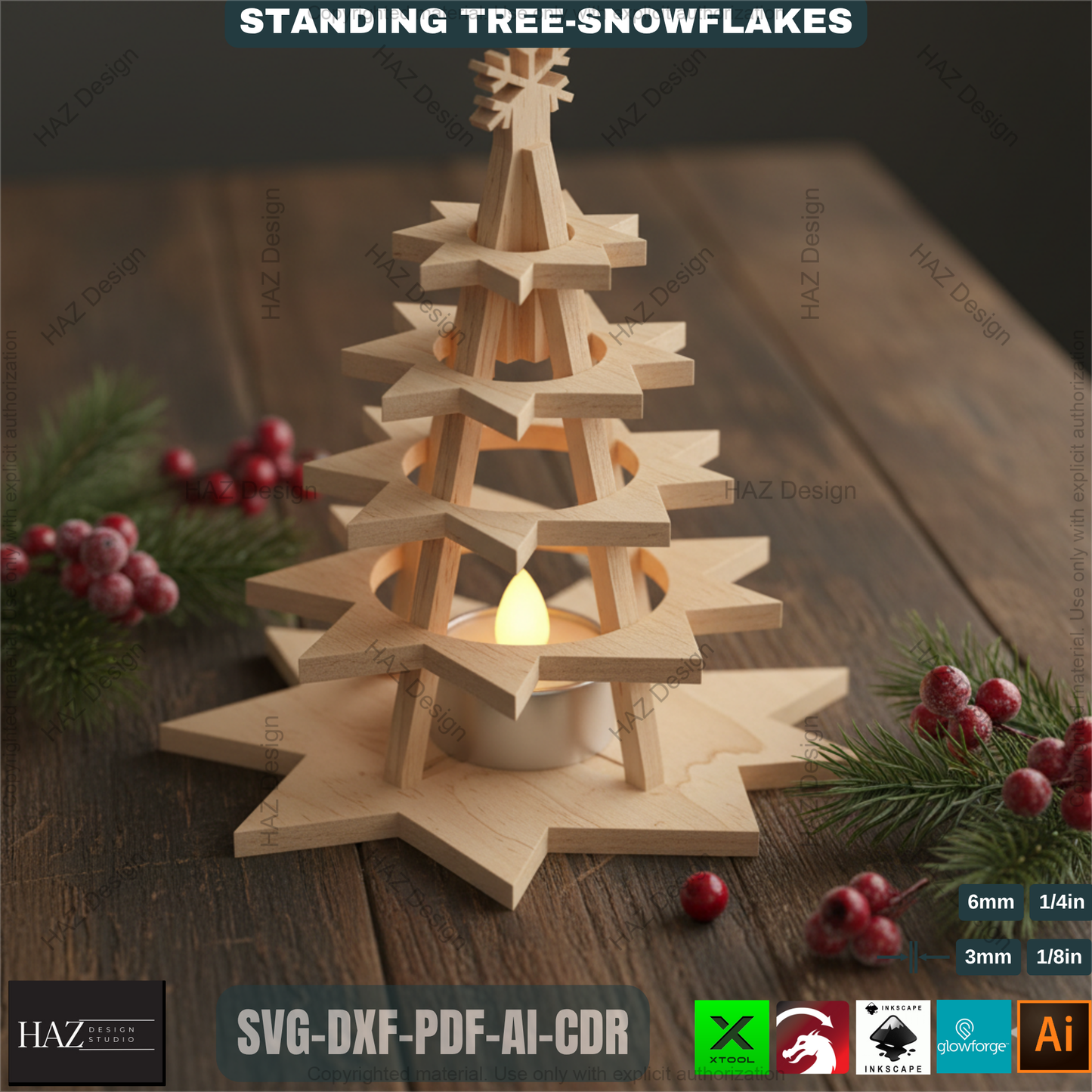 Wooden Snowflake Christmas Tree Light Decor Template Set Laser Cut Files for Holiday Table Centerpiece and Gift Craft 490