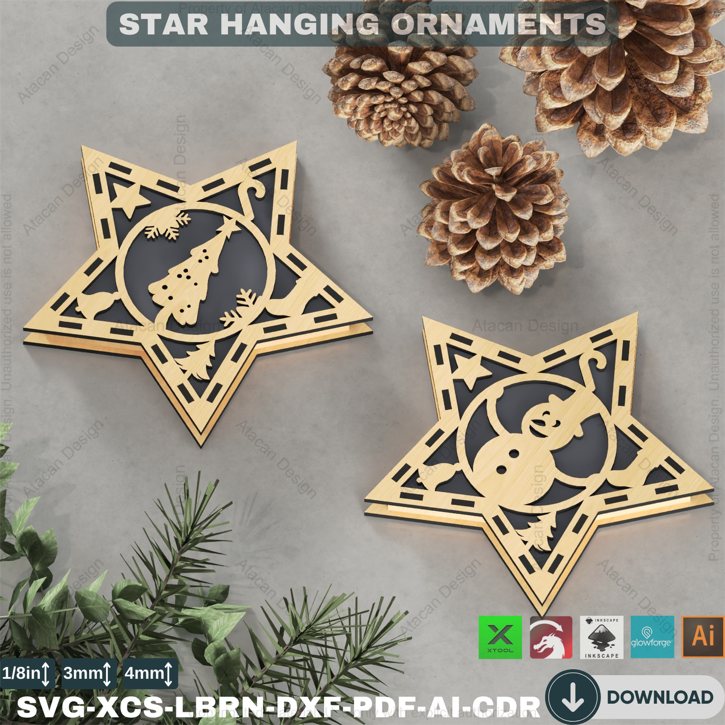 DIY Xmas Tree Stars: Laser Cut Designs for Holiday Decor, Set of 10,Holiday Star Ornament Bundle: Laser Cut Files, Festive Home Decor 876