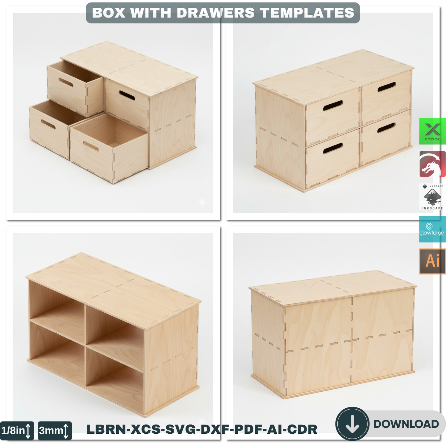 Customizable Laser Cut Drawer Box Template, Modular Wooden Organizer SVG Files for Glowforge & Xtool 905