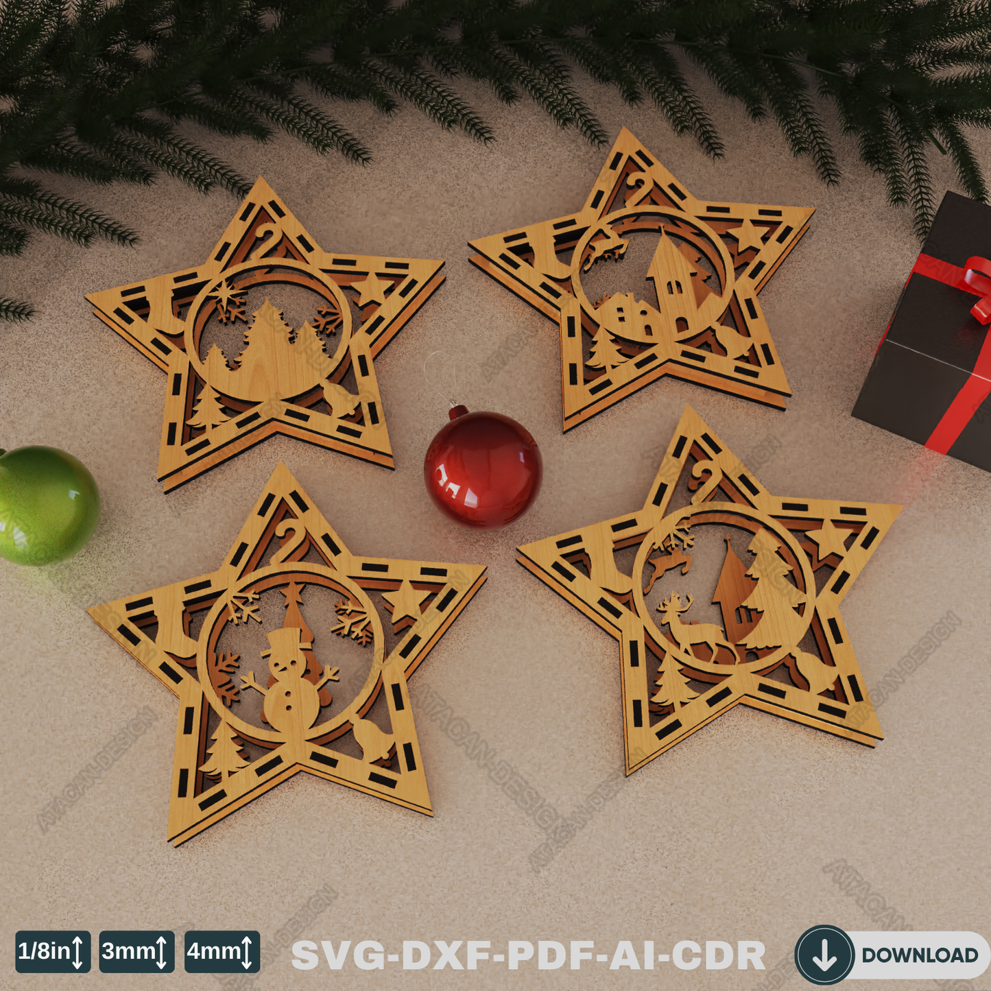 Elegant Wooden Christmas Baubles - Star Design with Snowy Scene, Deer & Winter Wonderland Details 770