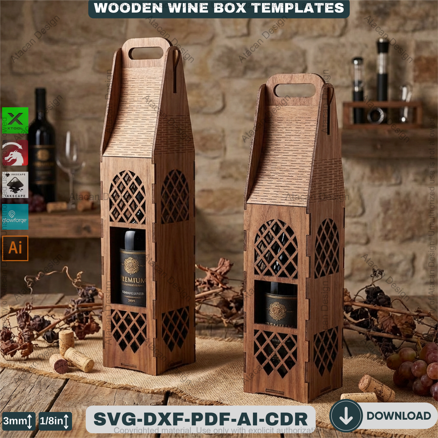 Laser Cut Wine Bottle Gift Box Bundle Wooden Wine Carrier Holder Pattern for Glowforge CNC Engraved Wine Box Plan 934