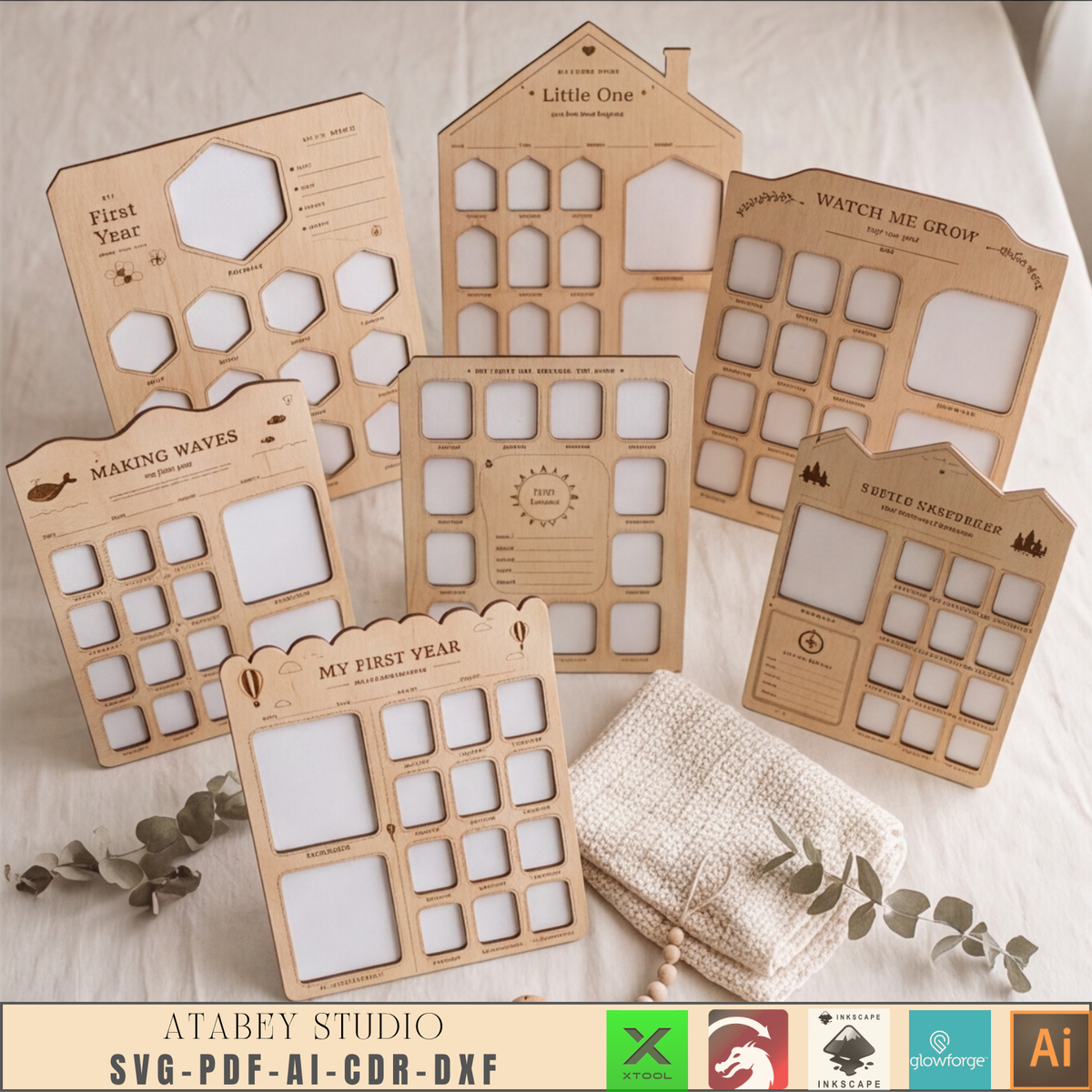 First Year Milestone Photo Board Collection – 7 Themed Laser Cut Templates