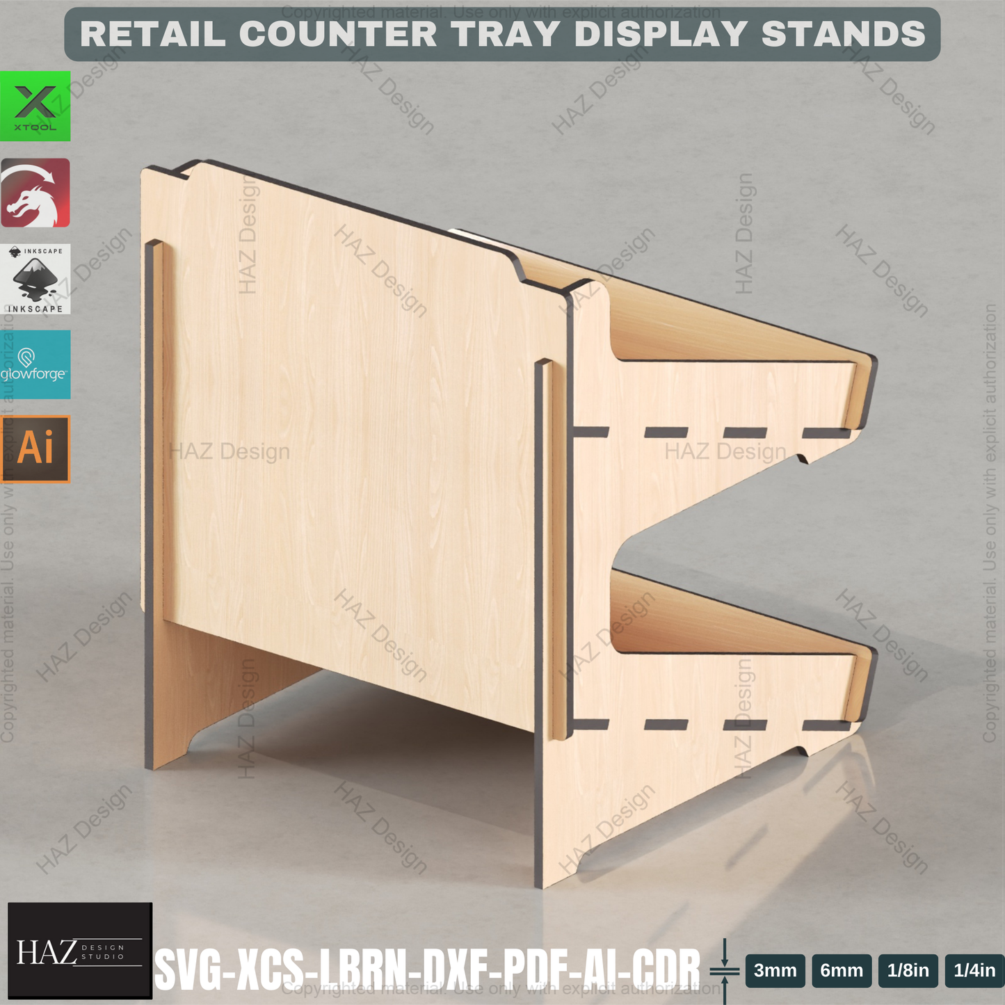 Laser Cut Curved Back Counter Tray Set | Multi-Size Tiered Display Stands | Retail & Market Files 441