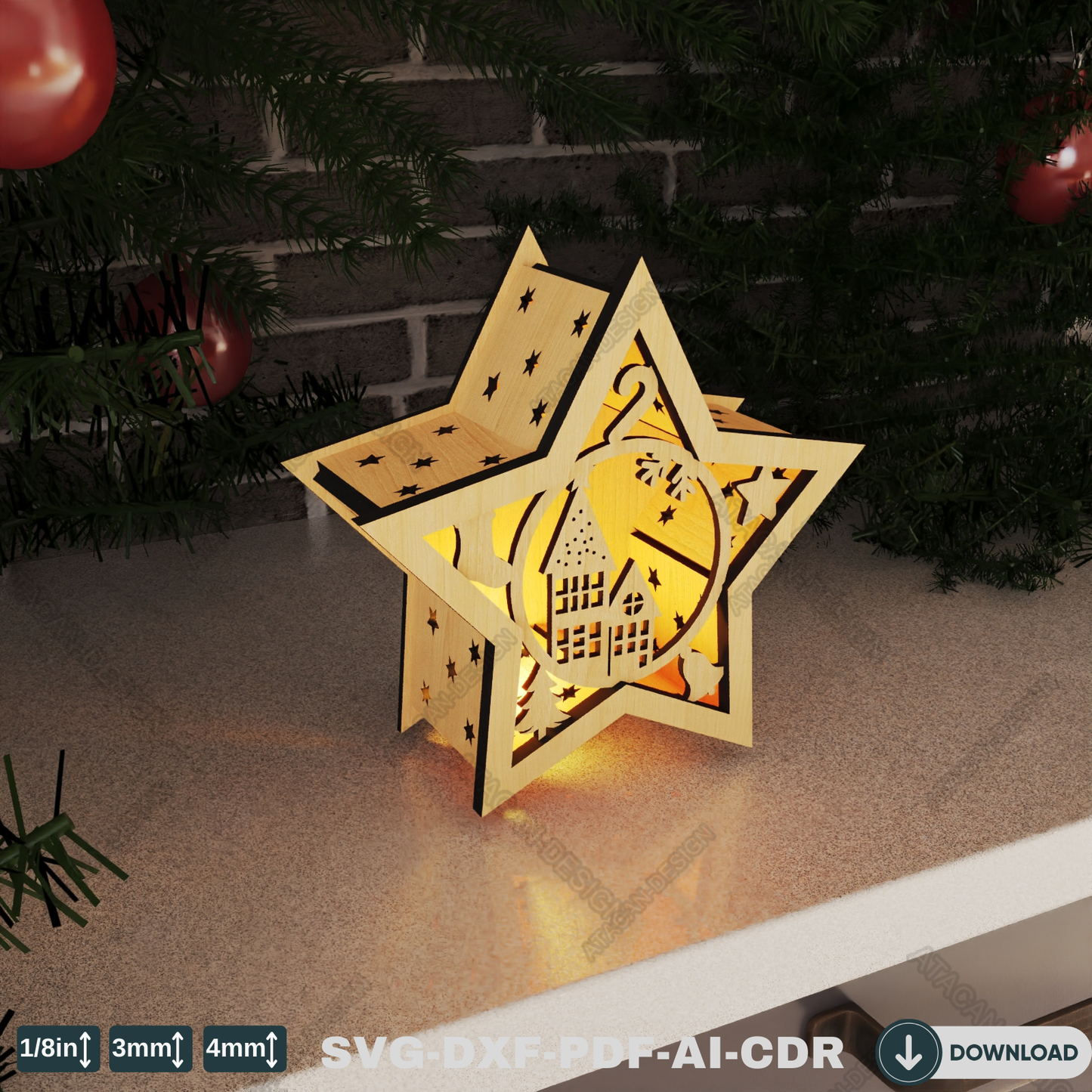 Star Laser Cut Christmas Lantern - Snowy Scene Candle Holder, Winter Wonderland Night Light 773