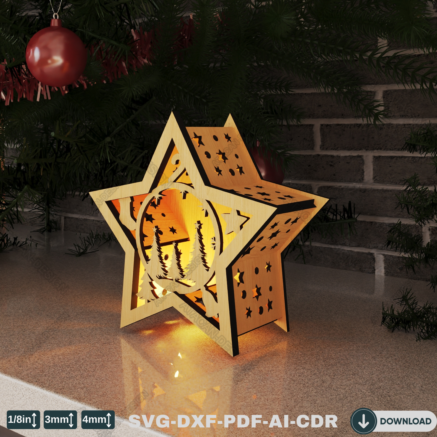 Star Laser Cut Christmas Lantern - Snowy Scene Candle Holder, Winter Wonderland Night Light 773
