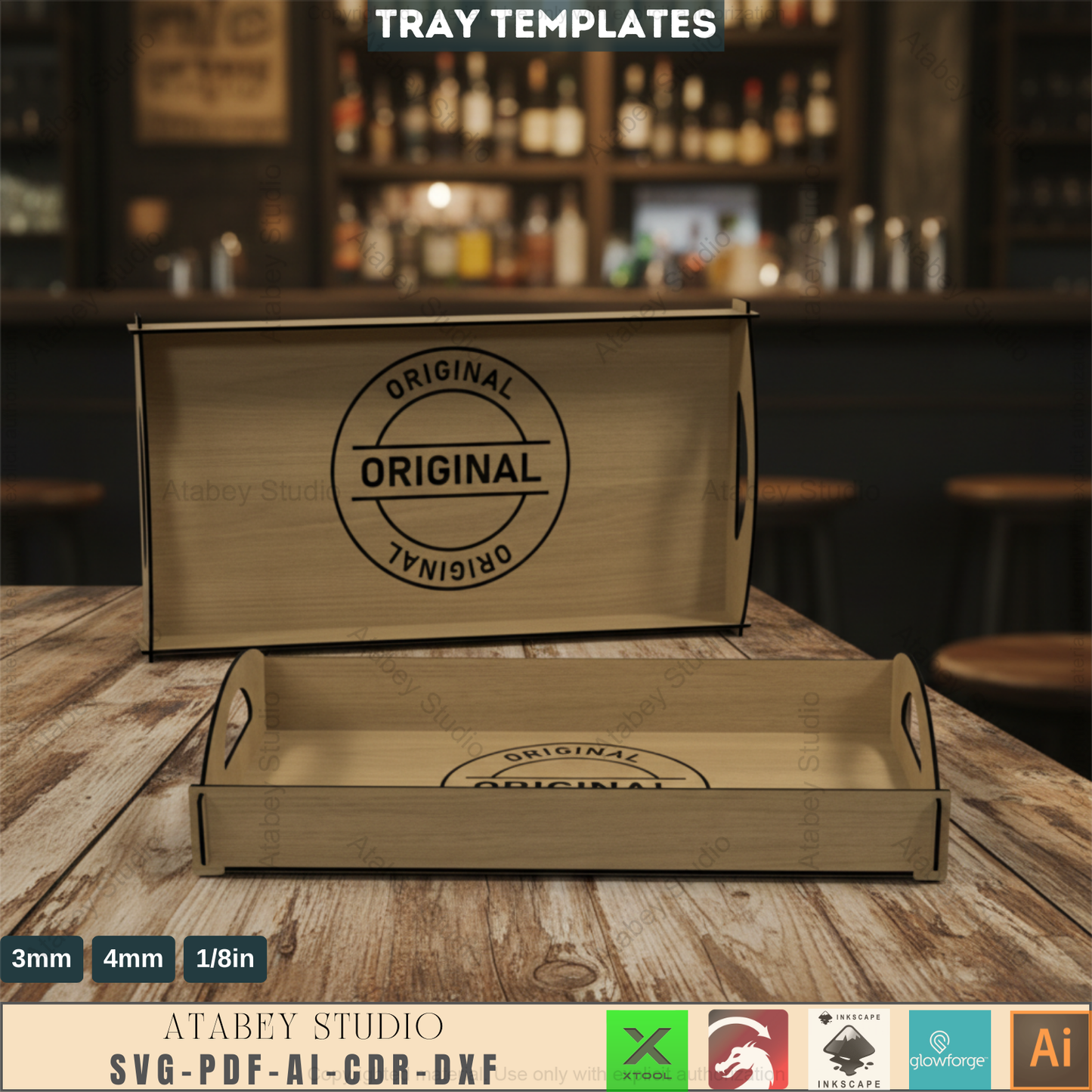Kitchen Wood Trays / Flat Breakfast Tray With Handles / Serving Trays Laser Cut Files SVG, DXF, CDR Download 547