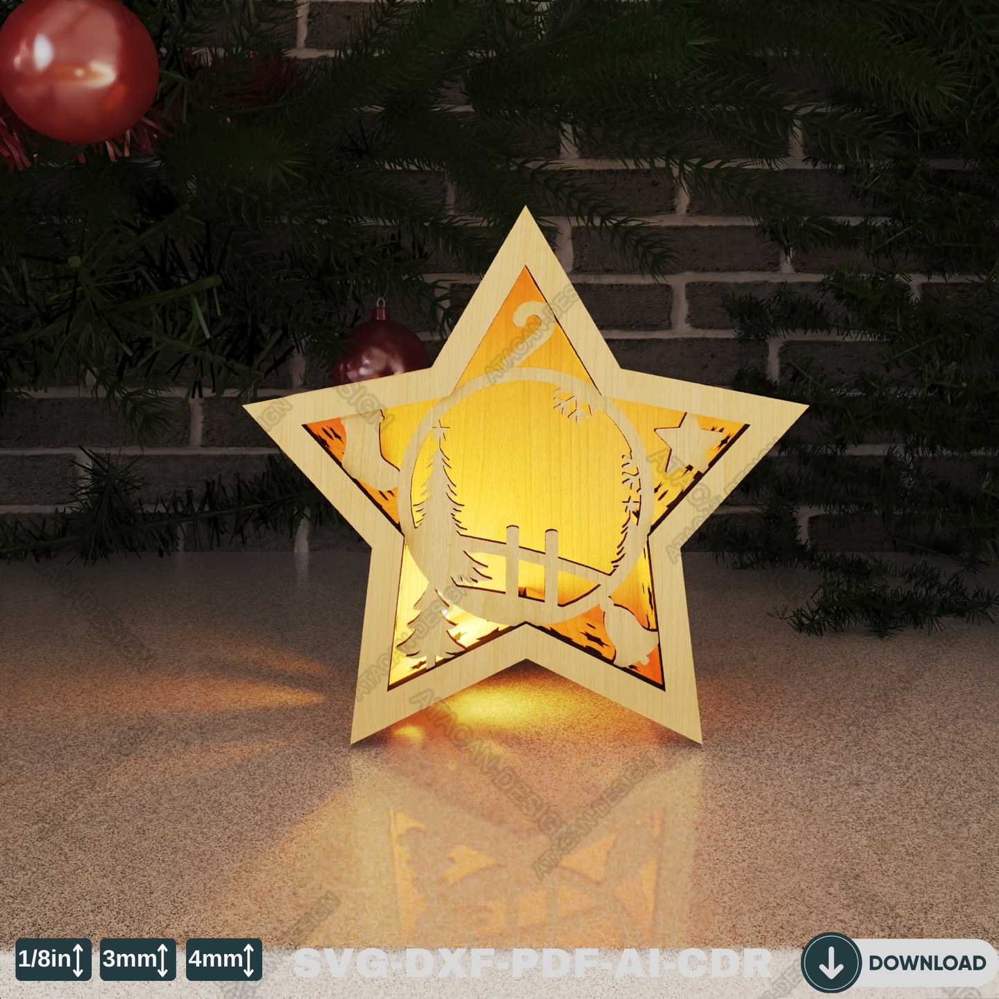 Star Laser Cut Christmas Lantern - Snowy Scene Candle Holder, Winter Wonderland Night Light 773