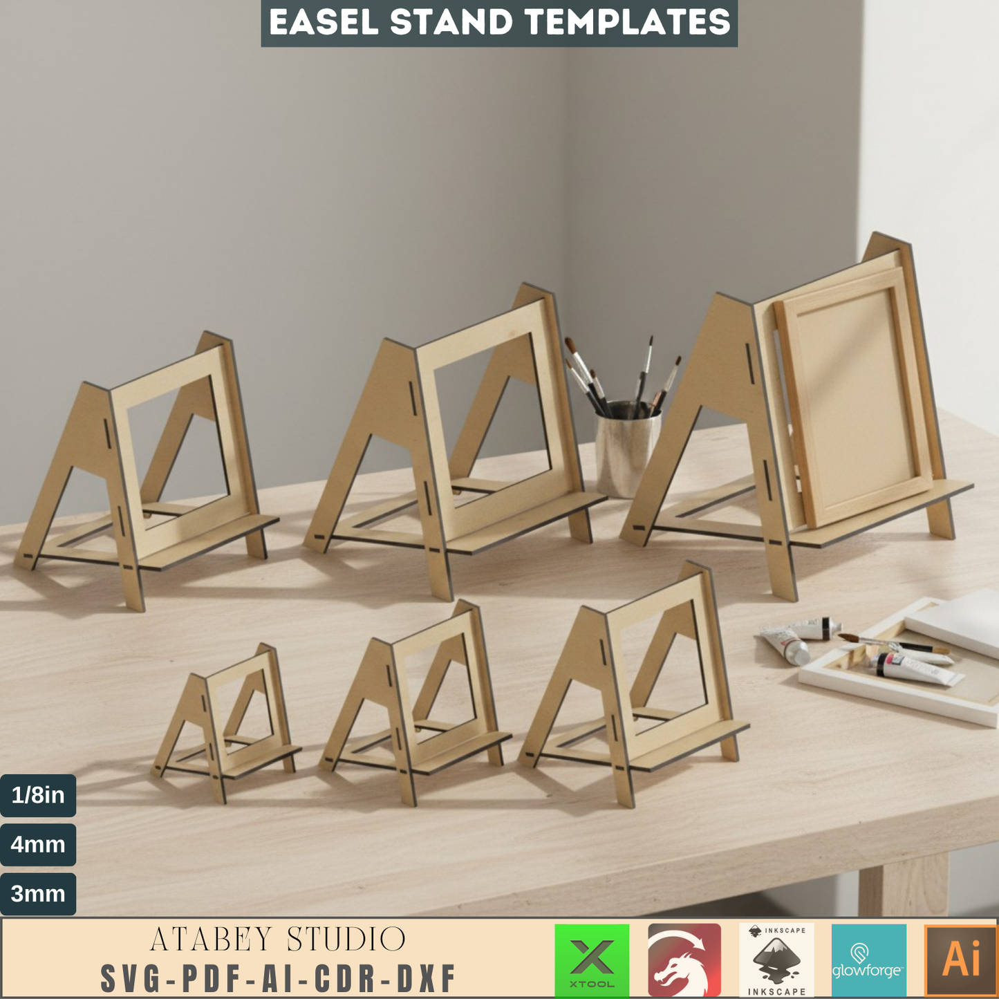 Laser Cut Easel Stand SVG Bundle, Mini Wooden Display Holder Files for Glowforge Xtool, Digital Craft Project, Photo Frame Stand DXF