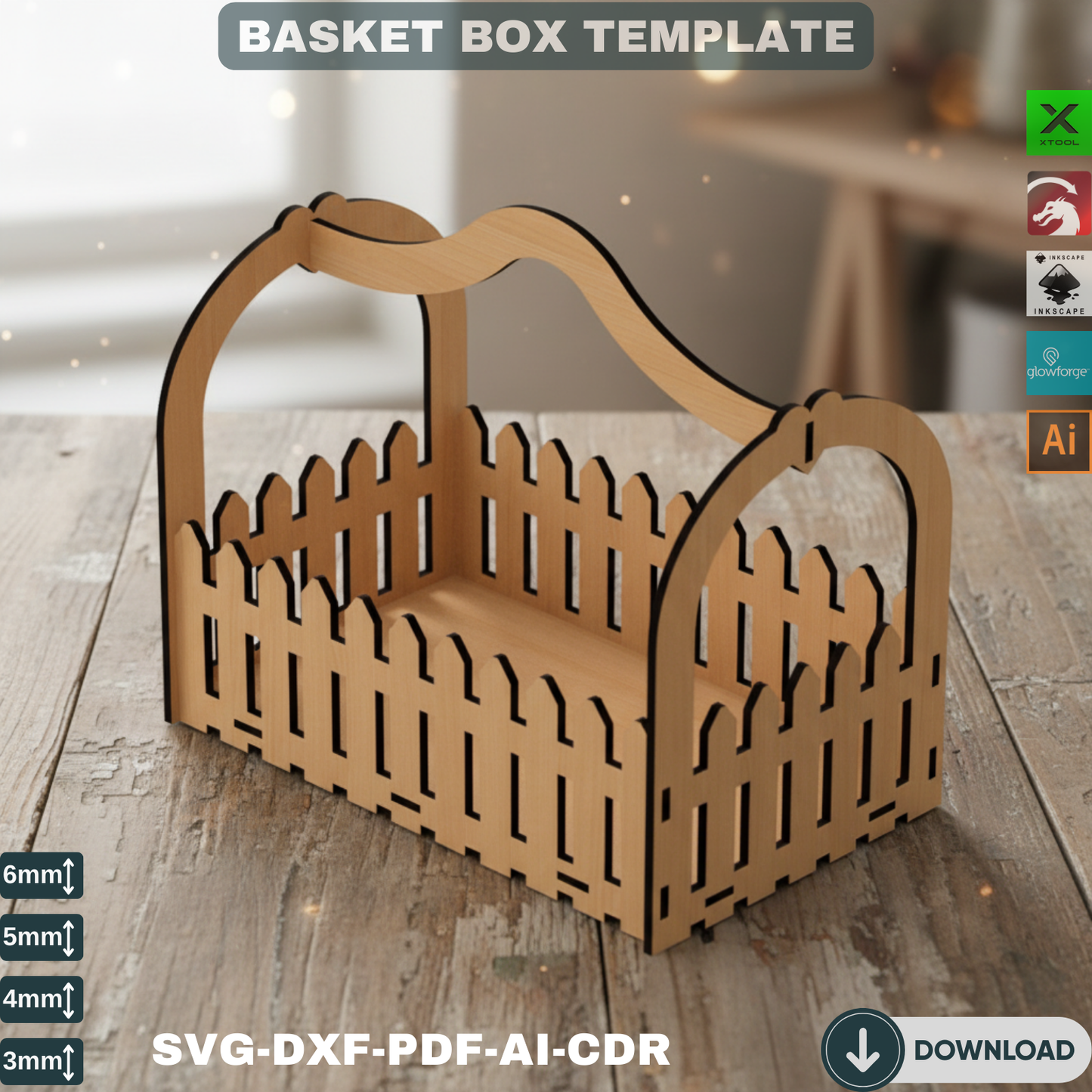 Laser Cut Picket Fence Basket Box SVG Template for Candy & Flower Gifts - Digital File Downloads 129