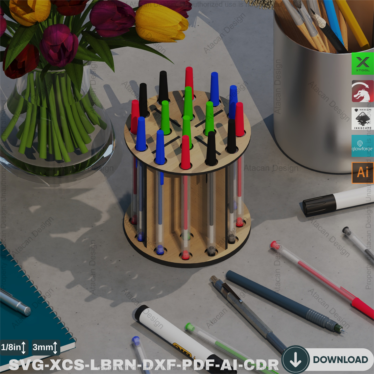 Circular Makeup Brush Storage: Laser Cut Desk Caddy,Laser Cut Craft Organizer: Round Pen/Brush Holder 418