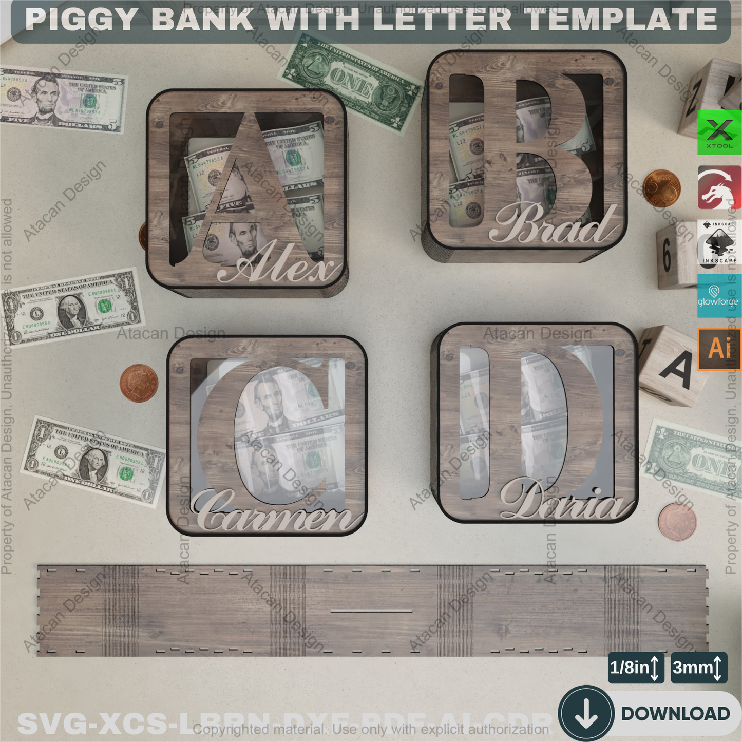 Rustic Letter Piggy Bank - Laser Cut Template - Wooden Coin Bank - Baby Shower - Custom Decor 875