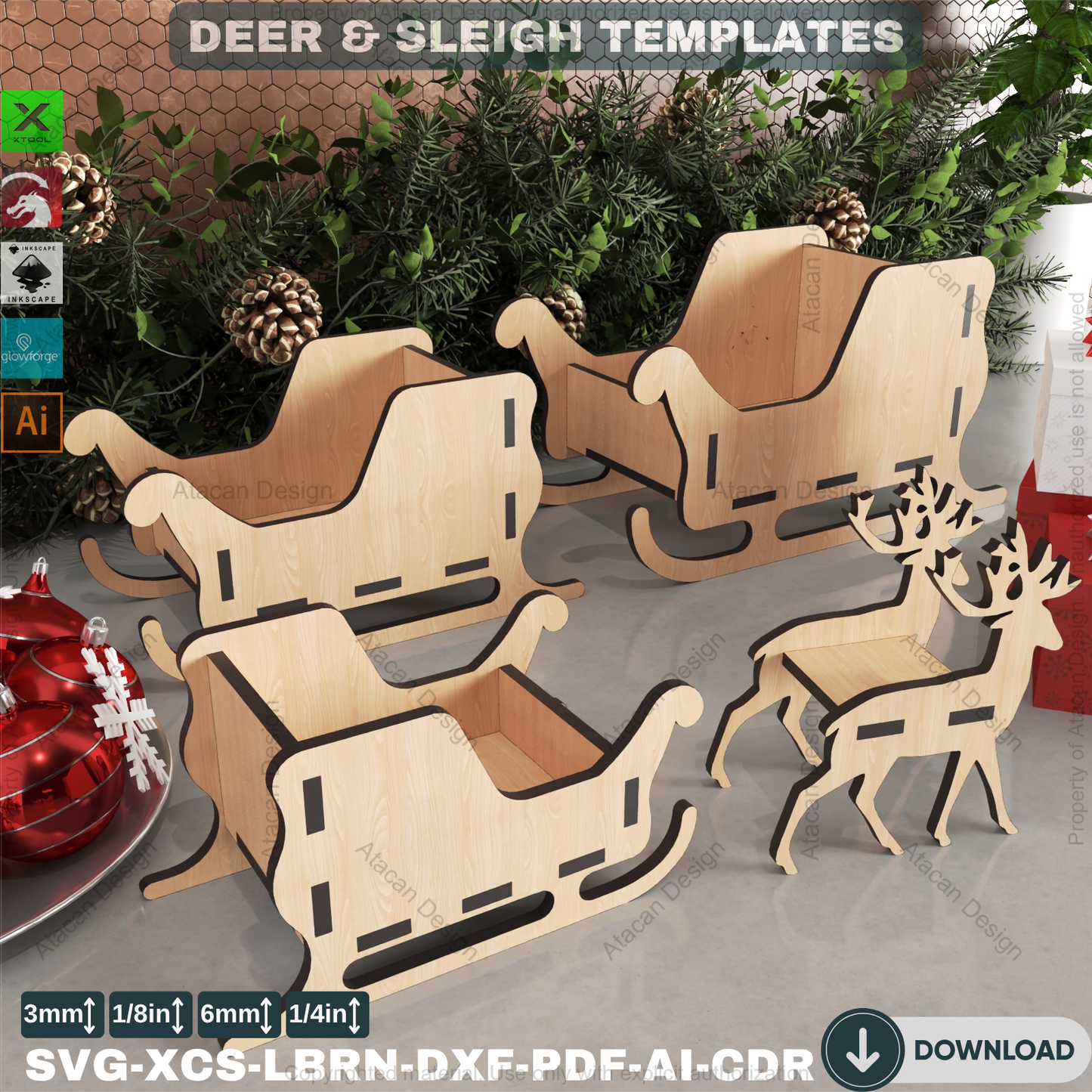 Santa's Sleigh and Reindeer SVG, Laser Cut Candy Holder File, DIY Holiday Project for Xtool & Lightburn
