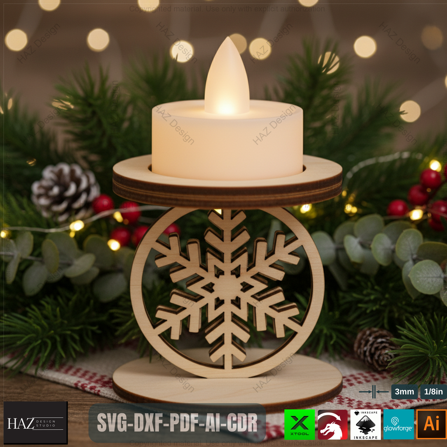 Standing Snowflake Tealight Holders, 3D Wood Laser Cut Ornament Template, DIY Christmas Candle Holder SVG Files