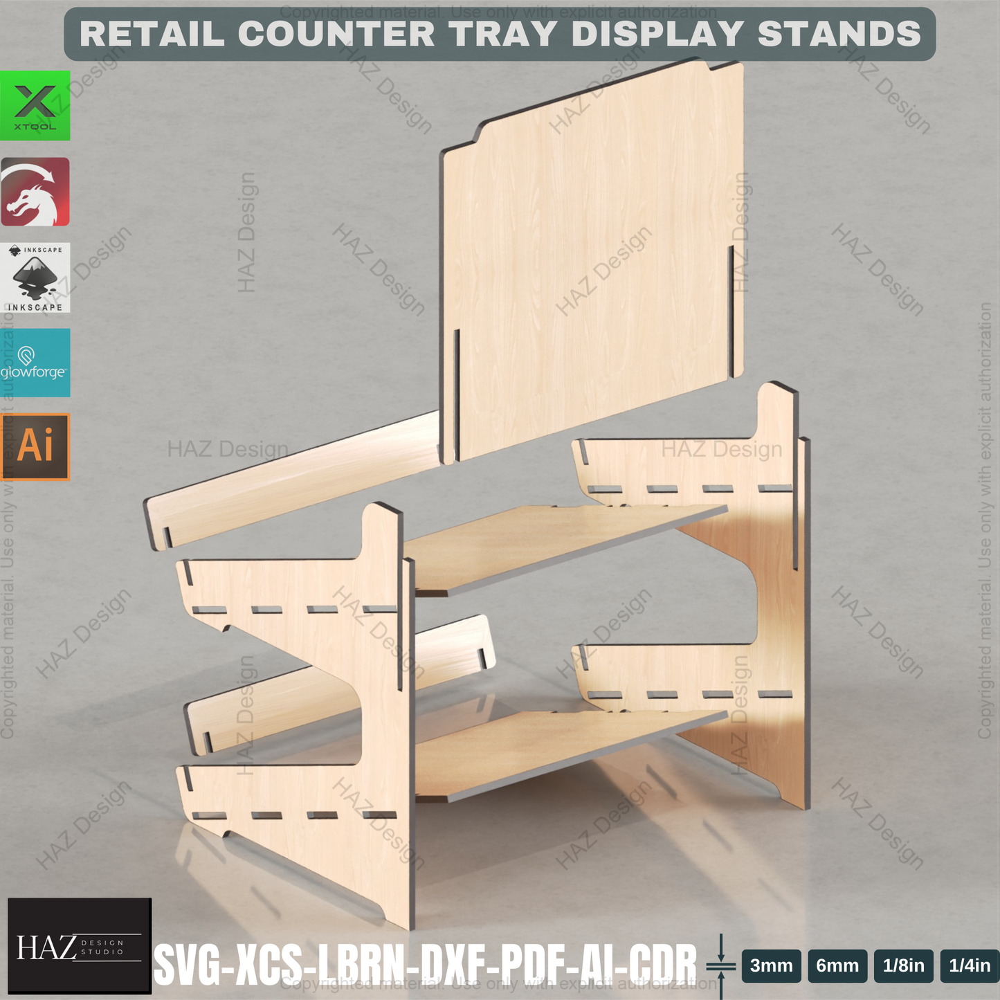 Laser Cut Curved Back Counter Tray Set | Multi-Size Tiered Display Stands | Retail & Market Files 441