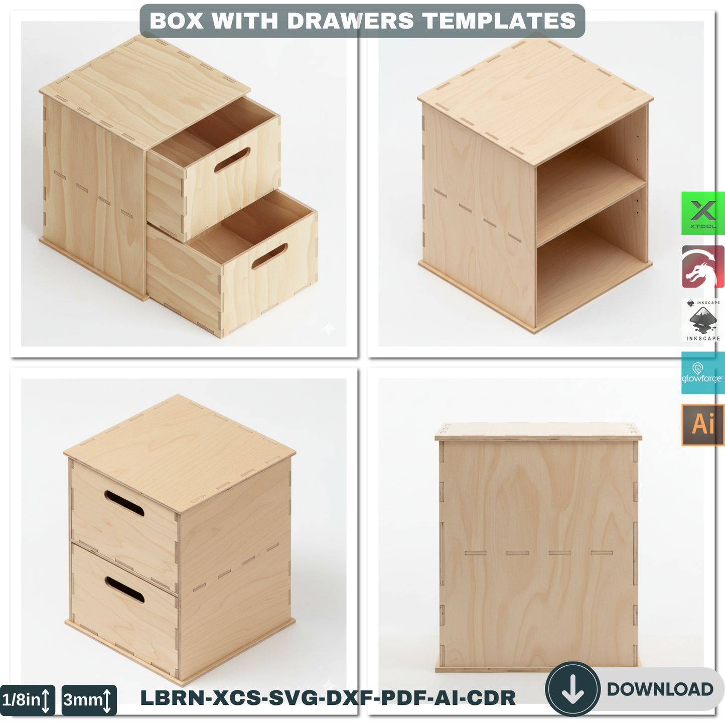 Customizable Laser Cut Drawer Box Template, Modular Wooden Organizer SVG Files for Glowforge & Xtool 905