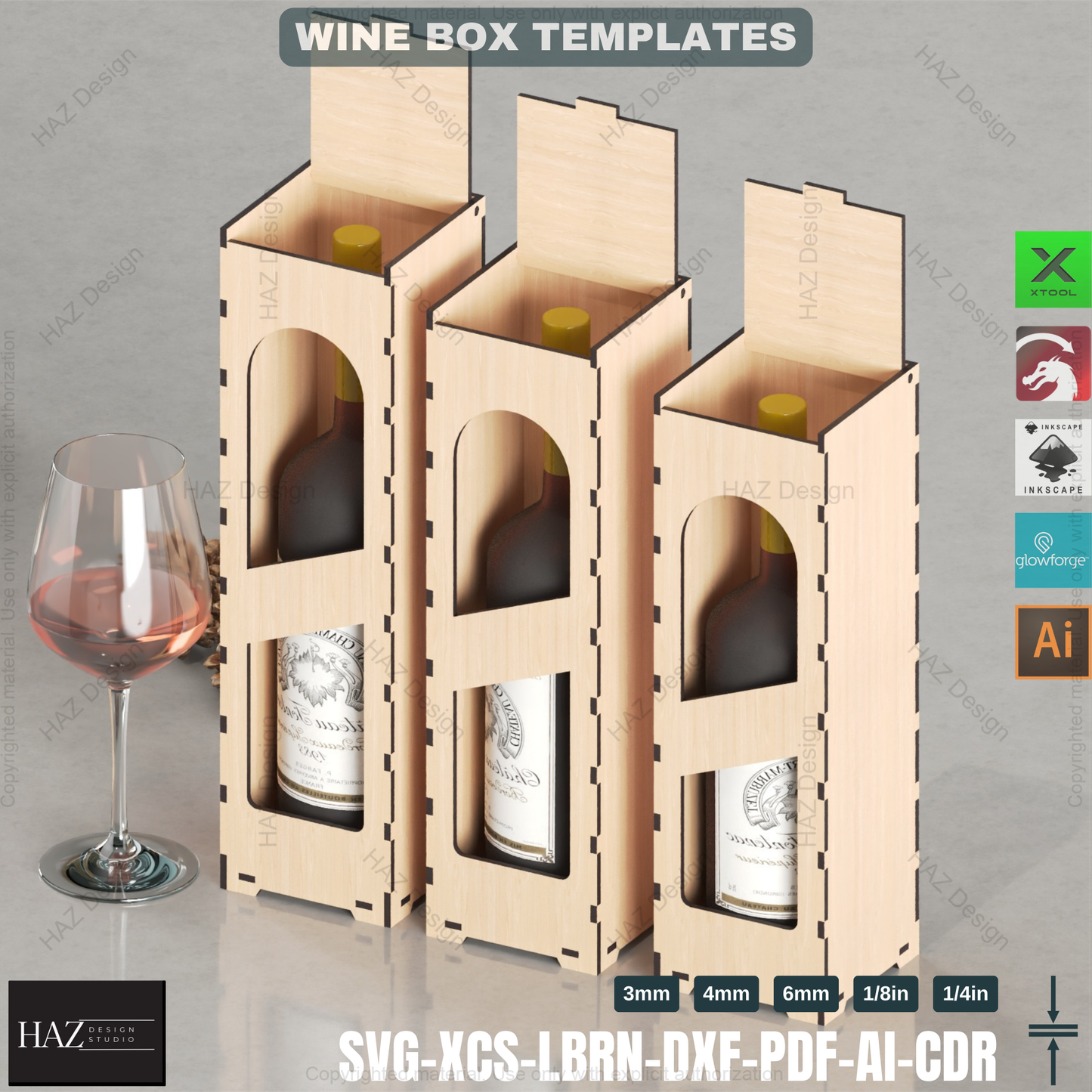 Laser Cut Wine Gift Box - 3 Sizes, 7 Designs - SVG Files,Wine Box Template - Laser Cut - 6 Thicknesses - Wood Gift 422
