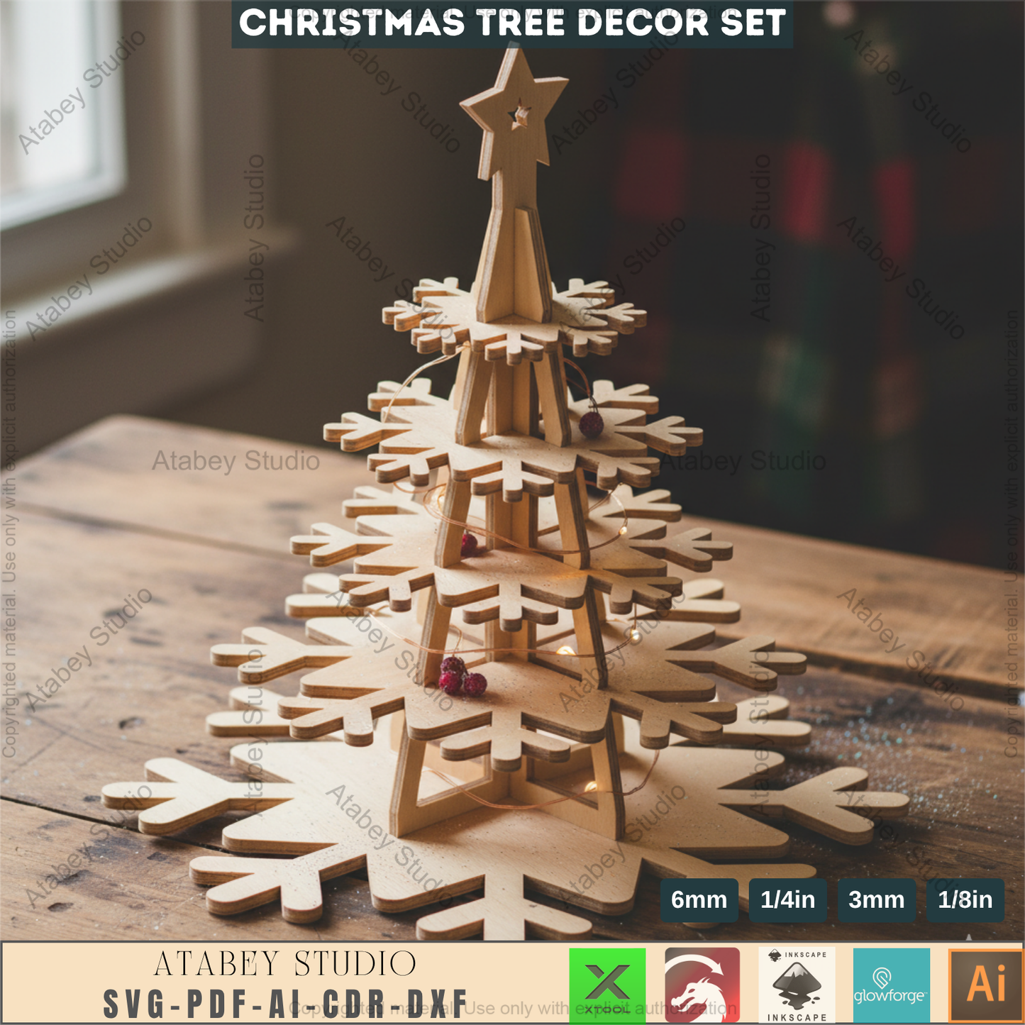 3D Christmas Snowflake Tree Decor Template for Laser Cutting | Standing Holiday Ornament Design for Glowforge, xTool, Lightburn Machines 965
