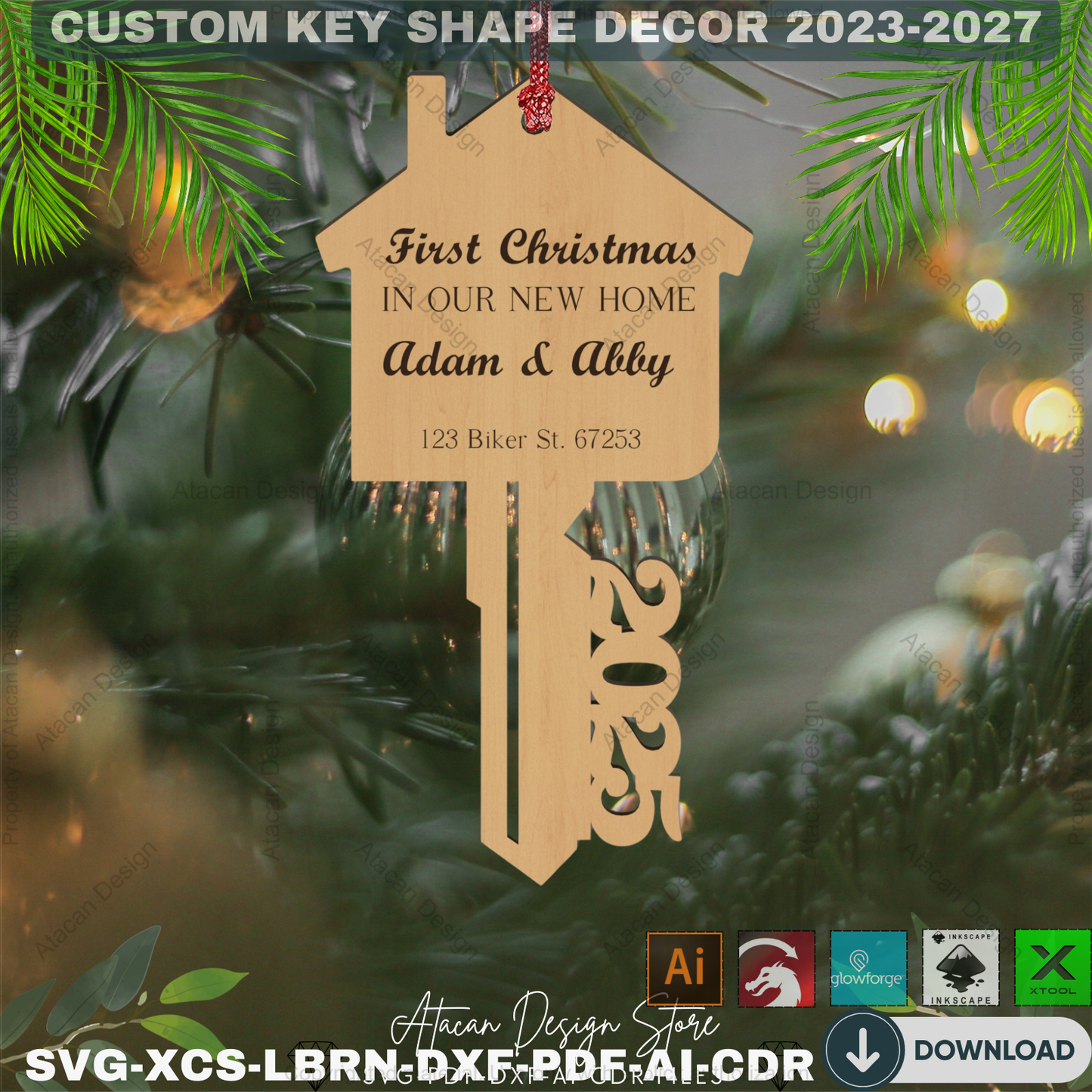 Personalized House Key SVG Bundle, Our First Home Xmas, Real Estate Client Gift, Laser Engraving Design 2023-2027